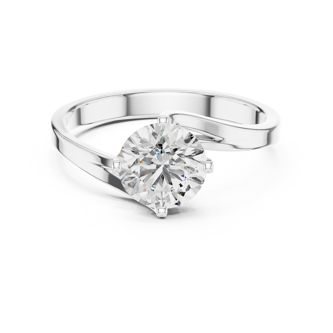 Bypass twist solitaire diamond engagement ring with round brilliant cut stone