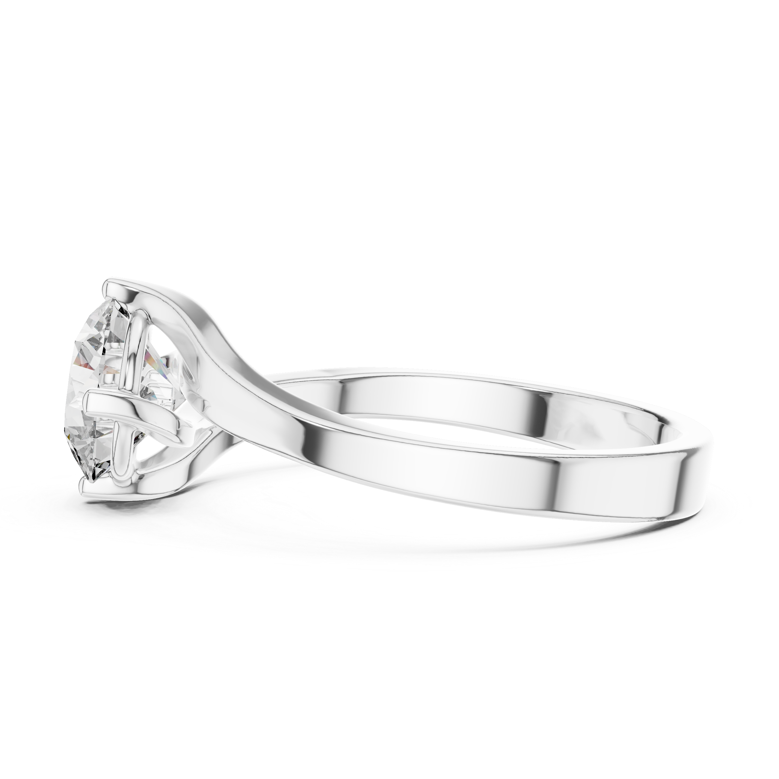Bypass twist solitaire diamond engagement ring with round brilliant cut stone