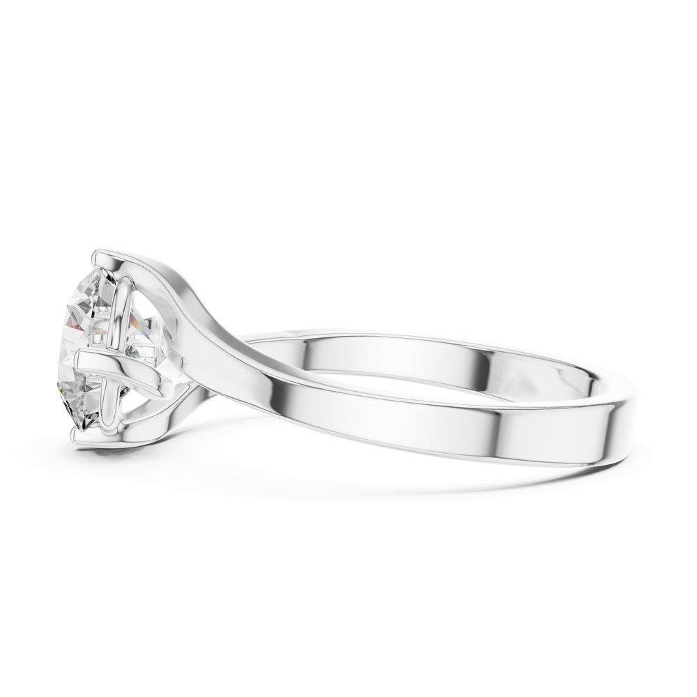 Bypass twist solitaire diamond engagement ring with round brilliant cut stone