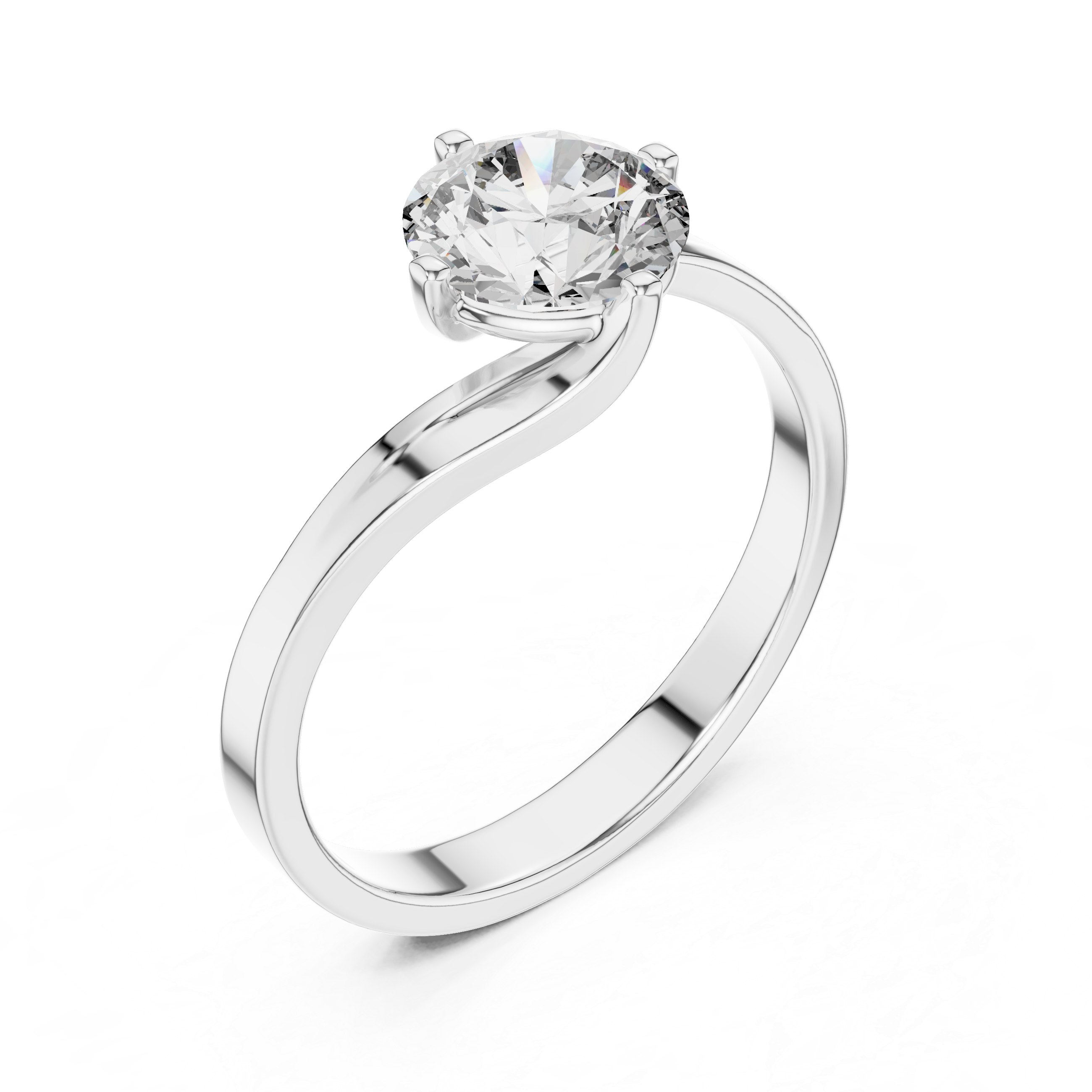 Bypass twist solitaire diamond engagement ring with round brilliant cut stone