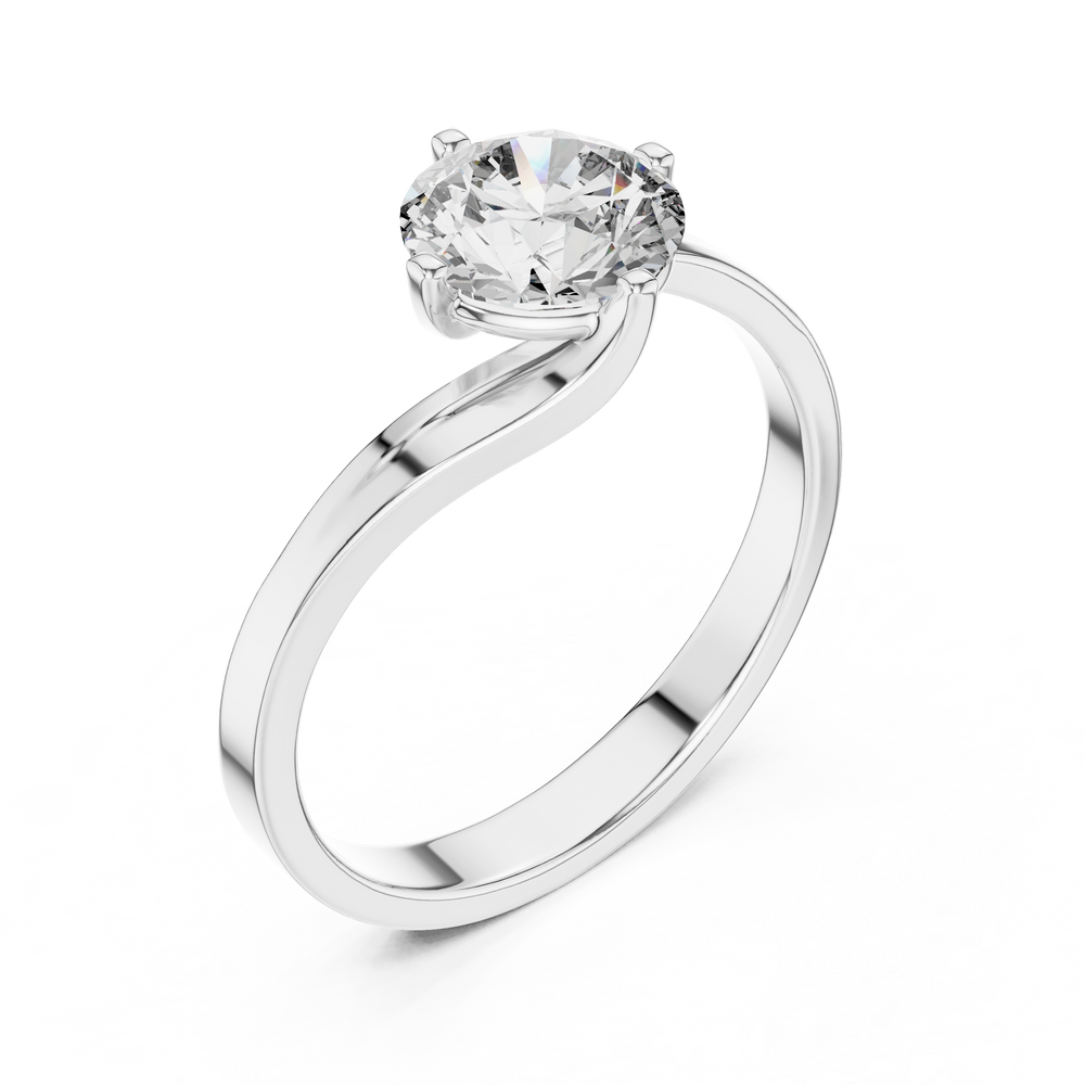 Bypass twist solitaire diamond engagement ring with round brilliant cut stone