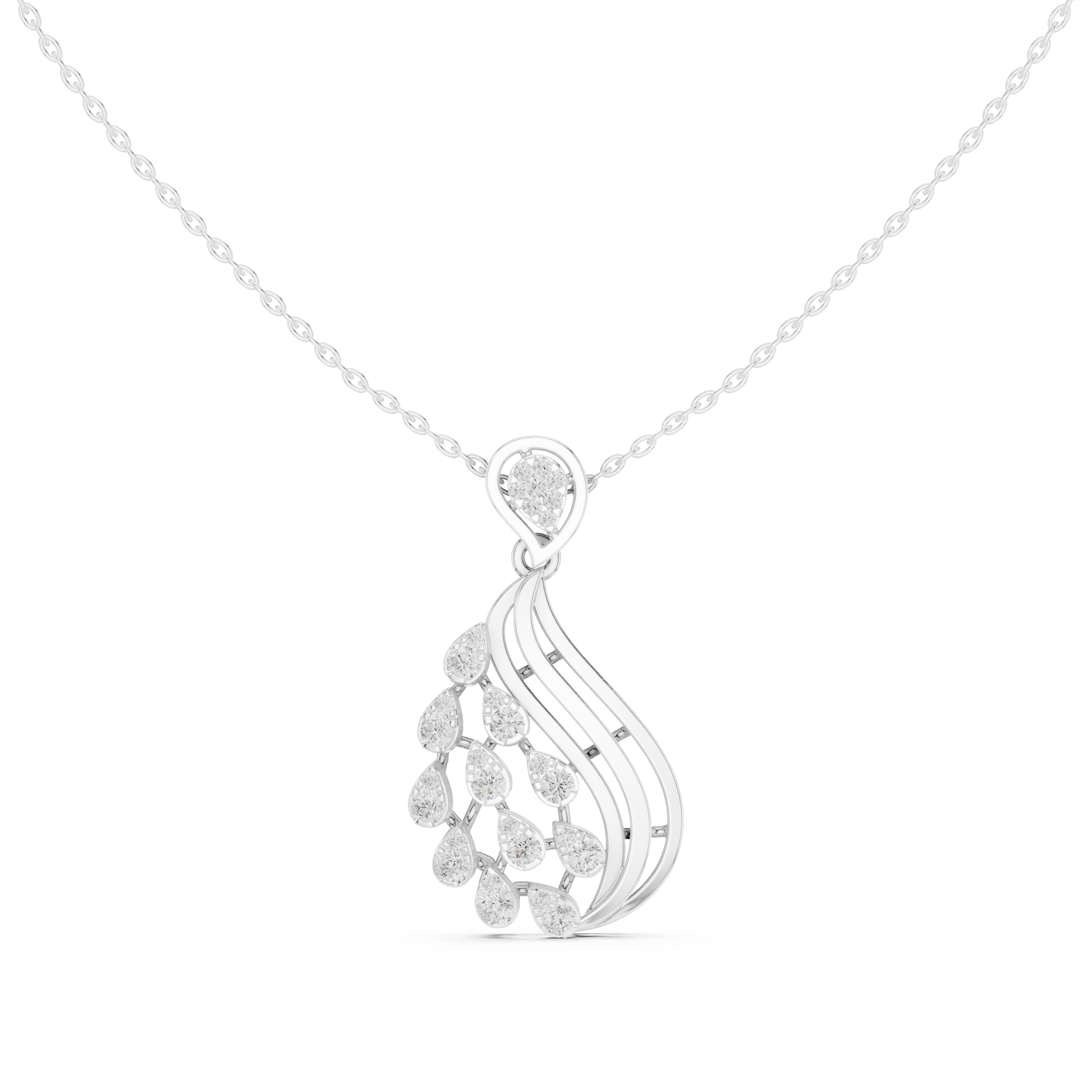 Silver chain necklace with feather-shaped cascading pear-cut diamond pendant