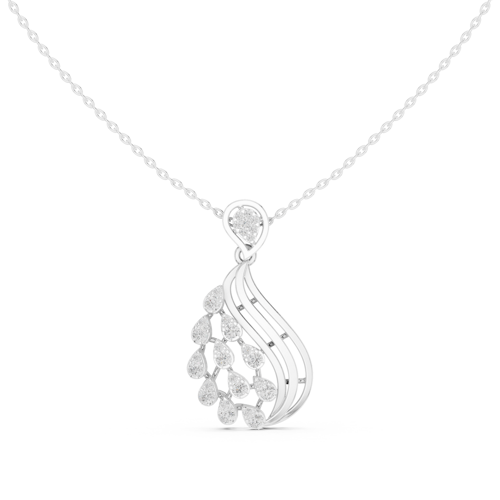 Silver chain necklace with feather-shaped cascading pear-cut diamond pendant
