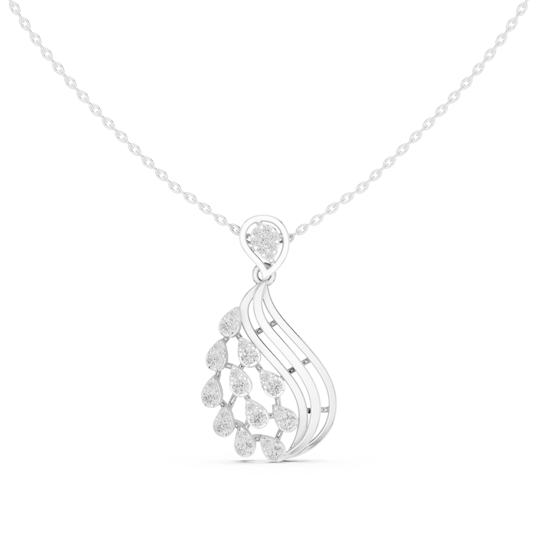 Silver chain necklace with feather-shaped cascading pear-cut diamond pendant