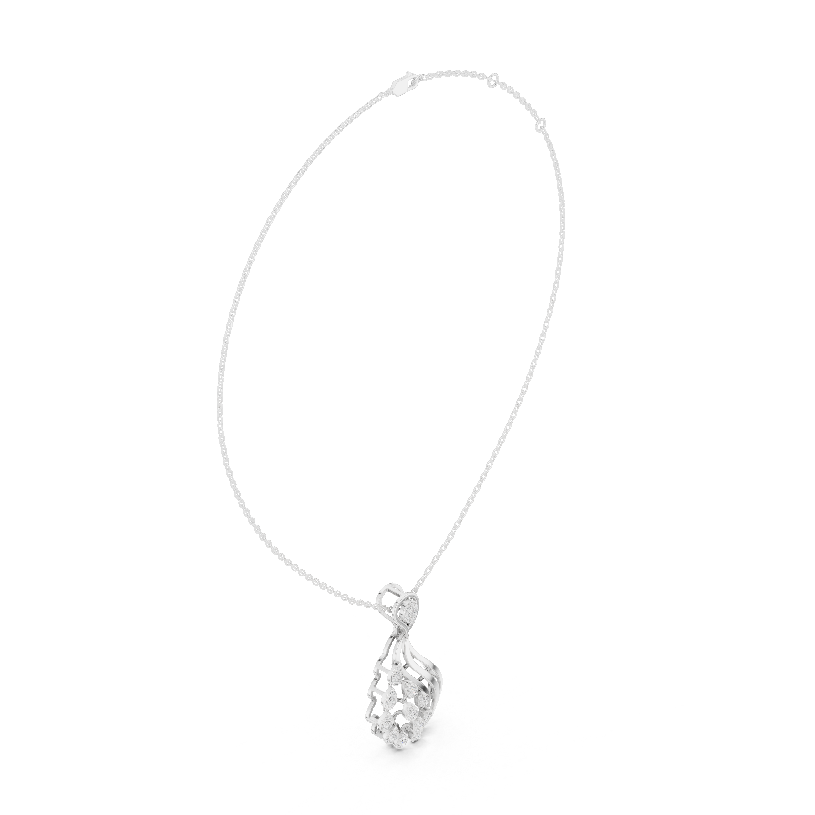 Silver chain necklace with feather-shaped cascading pear-cut diamond pendant