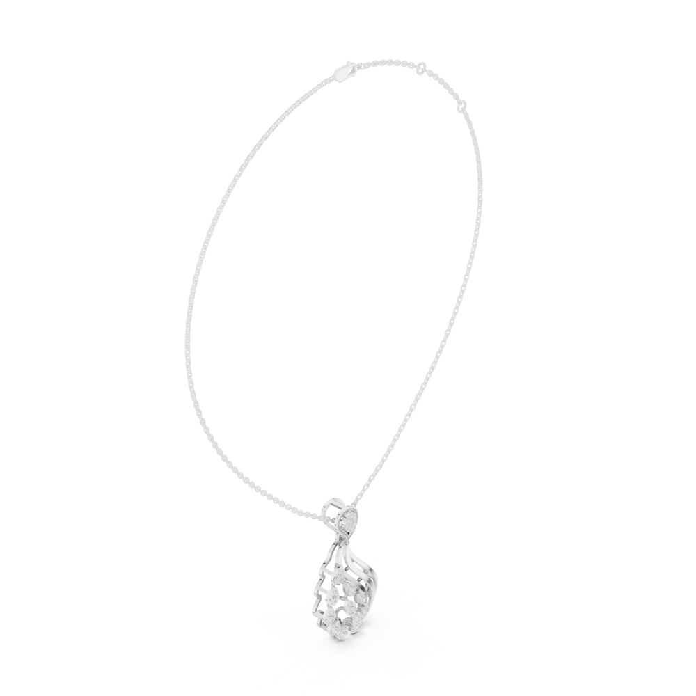 Silver chain necklace with feather-shaped cascading pear-cut diamond pendant
