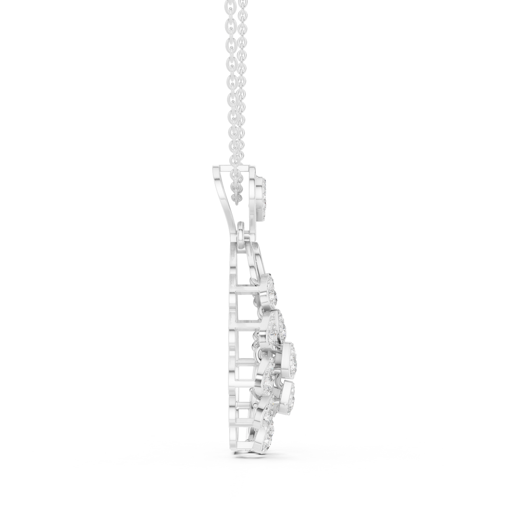 Silver chain necklace with feather-shaped cascading pear-cut diamond pendant