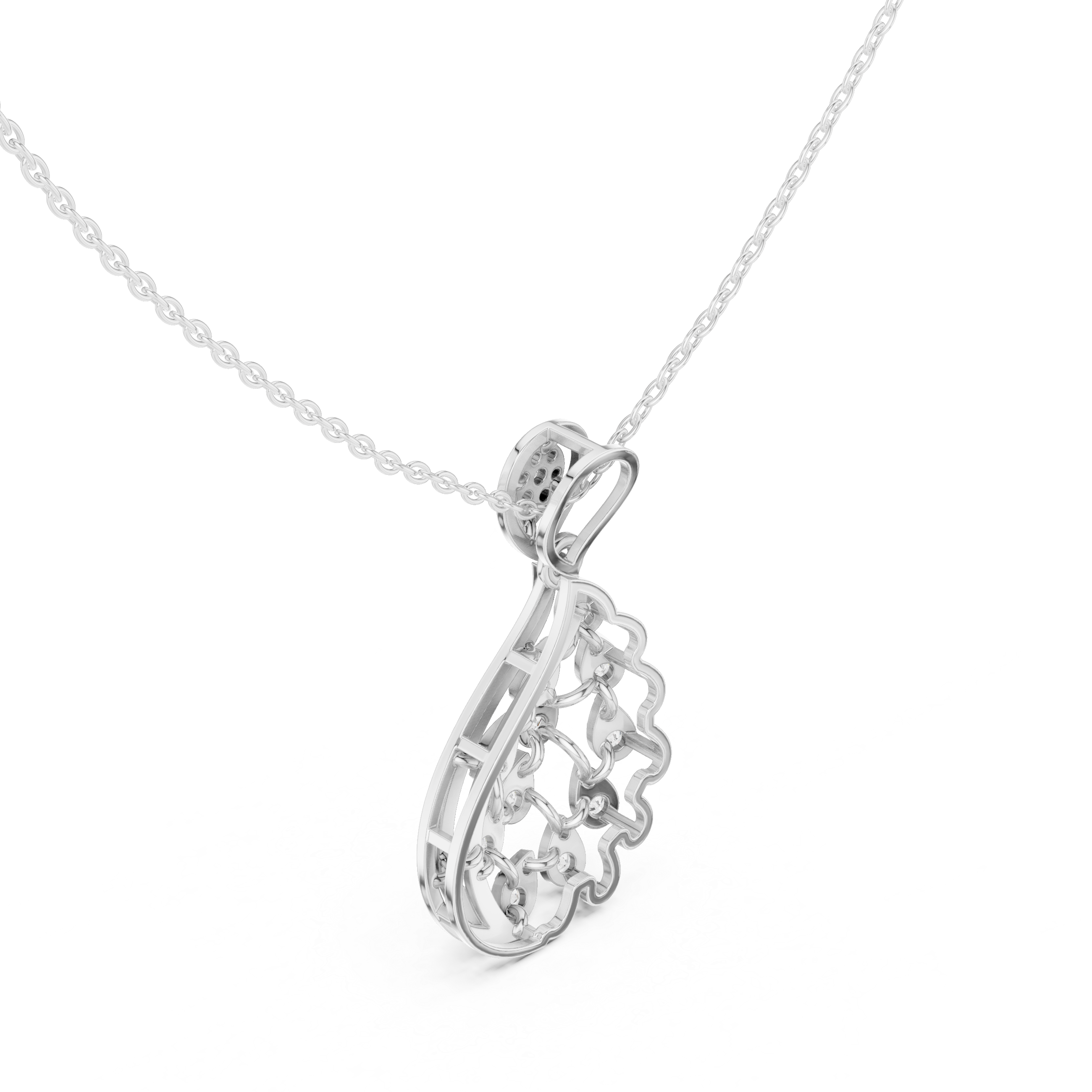 Silver chain necklace with feather-shaped cascading pear-cut diamond pendant