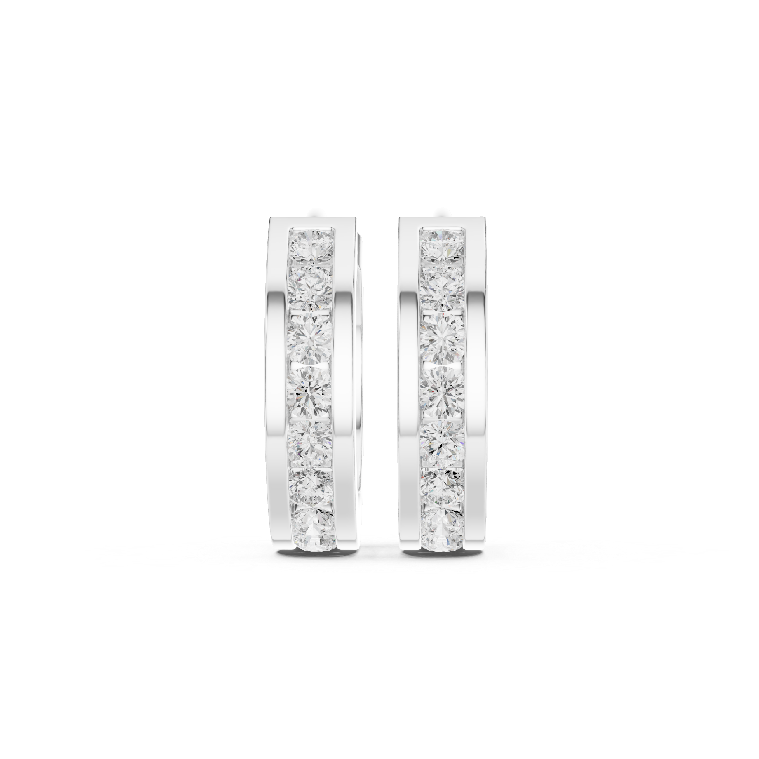 Channel set round stone huggie earrings with wide polished band and single row of channel set round stones along the centre