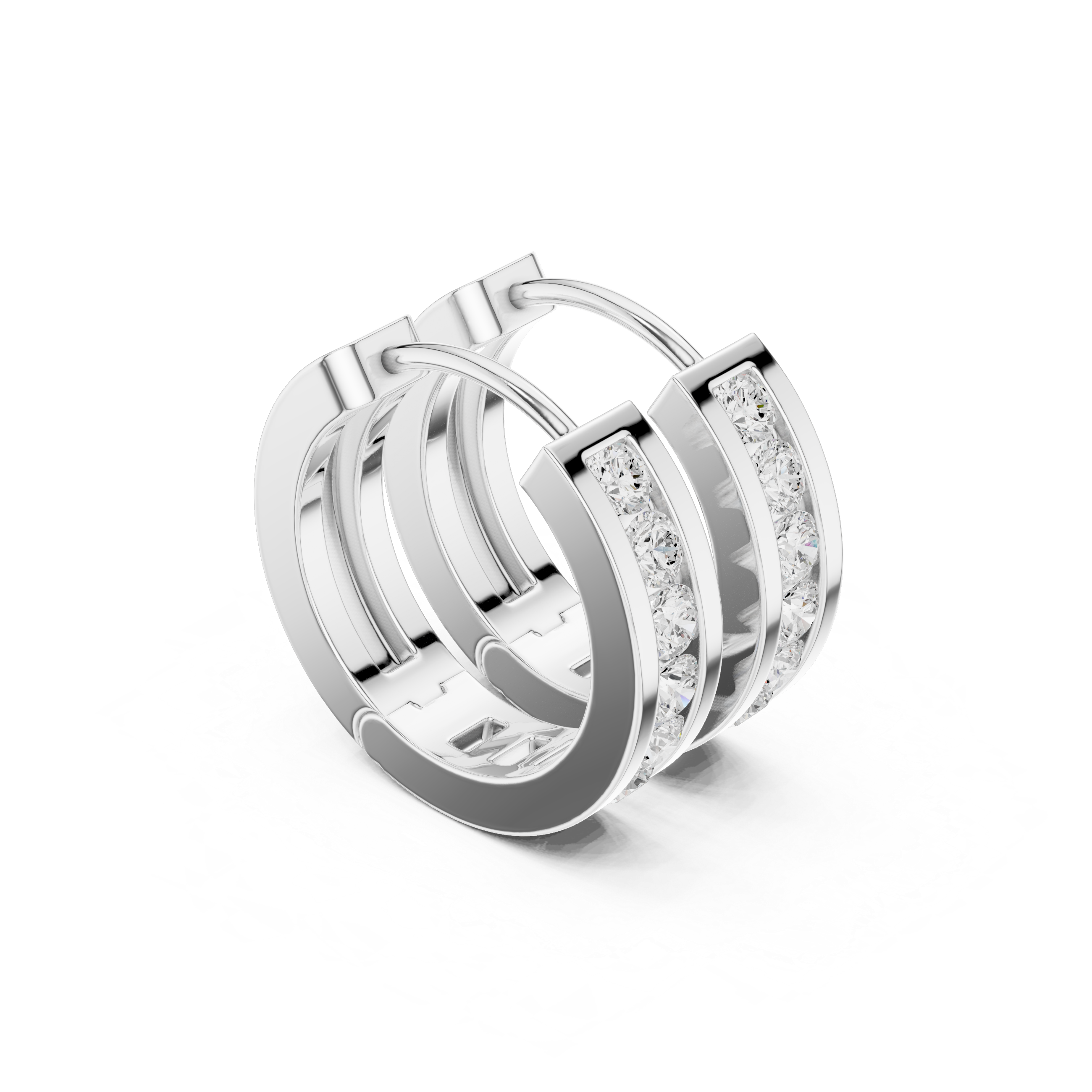 Channel set round stone huggie earrings with wide polished band and single row of channel set round stones along the centre
