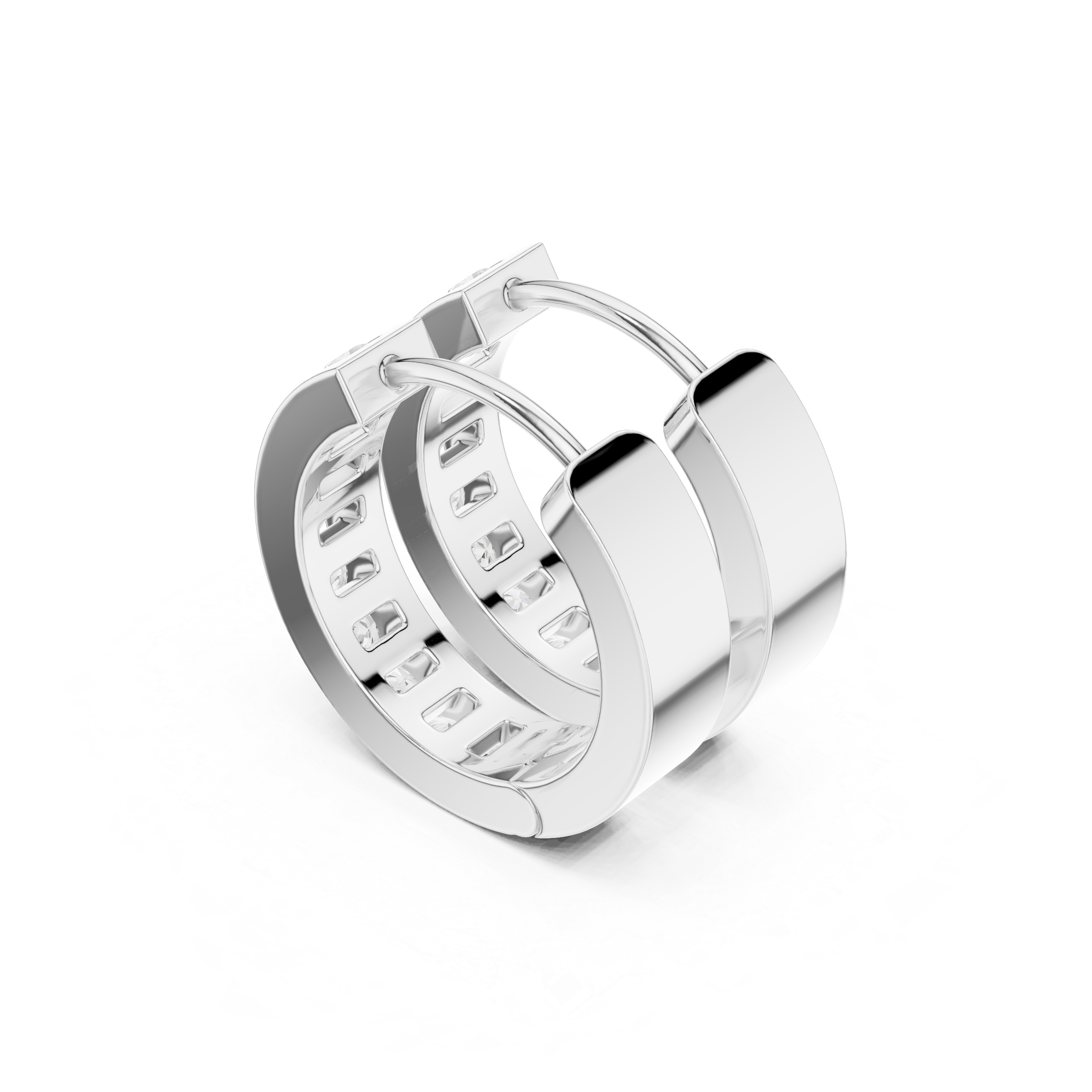 Channel set round stone huggie earrings with wide polished band and single row of channel set round stones along the centre