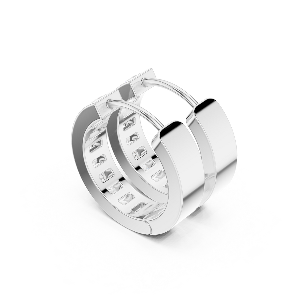 Channel set round stone huggie earrings with wide polished band and single row of channel set round stones along the centre