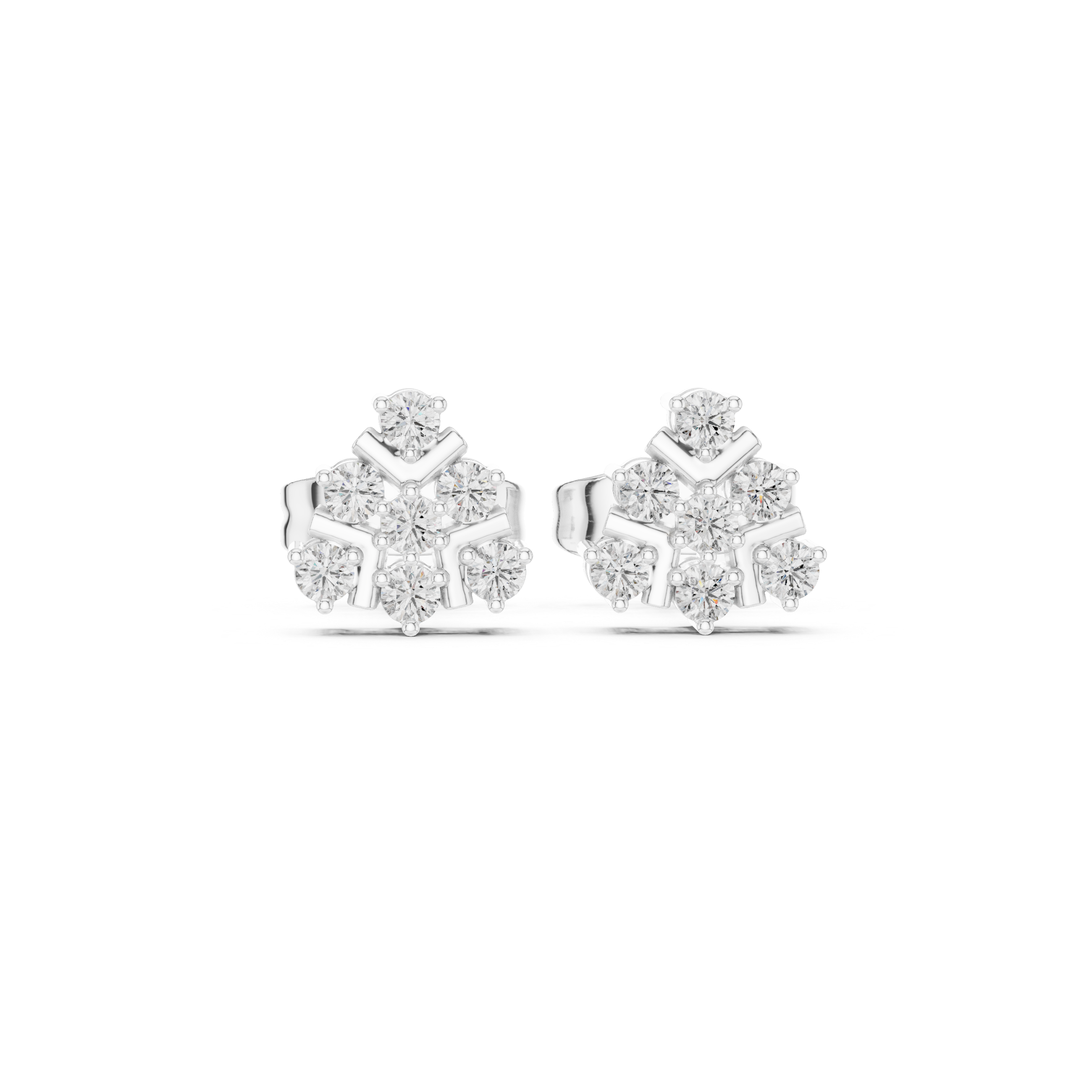 Round brilliant cluster stud earrings with a chevron-pattern polished metal frame