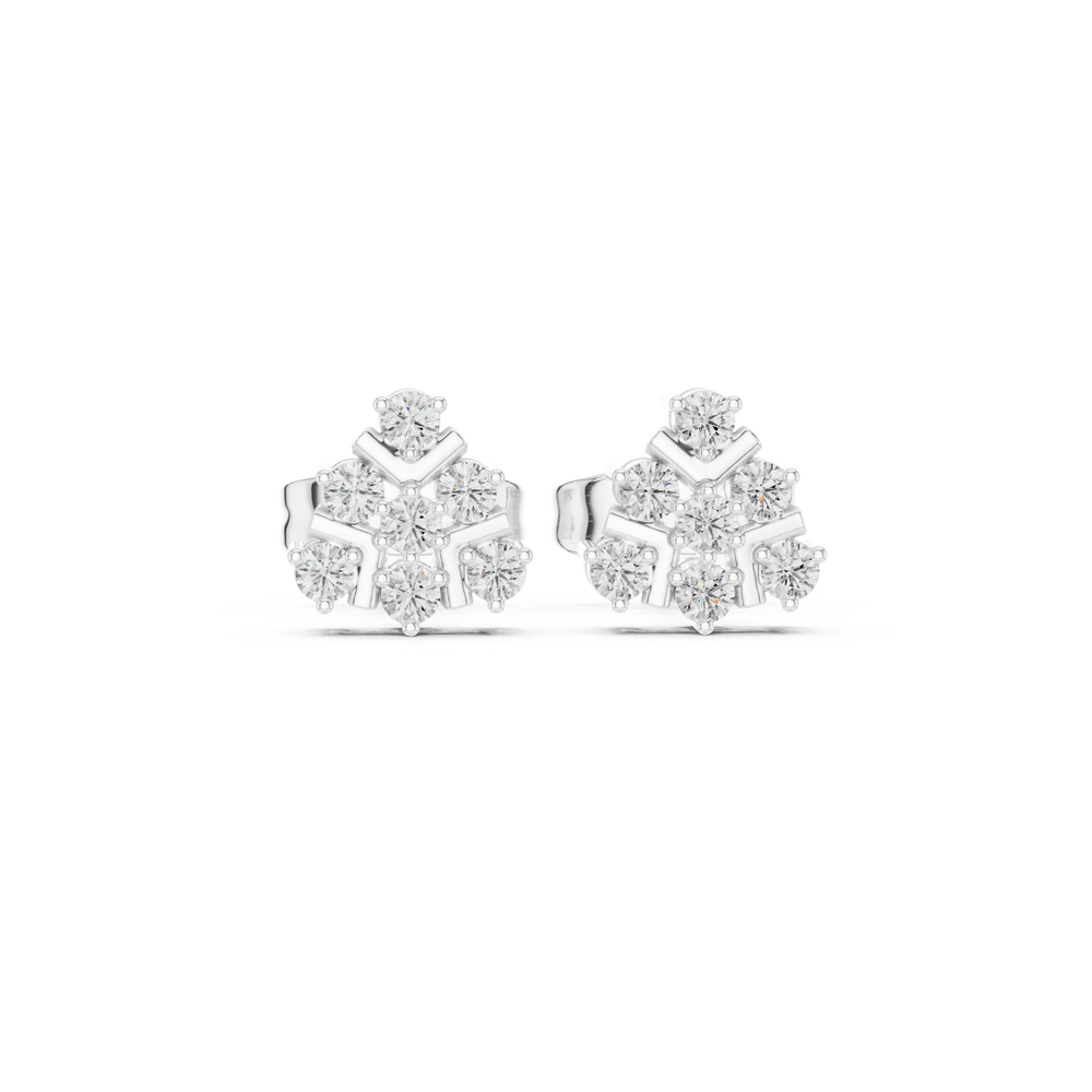 Round brilliant cluster stud earrings with a chevron-pattern polished metal frame