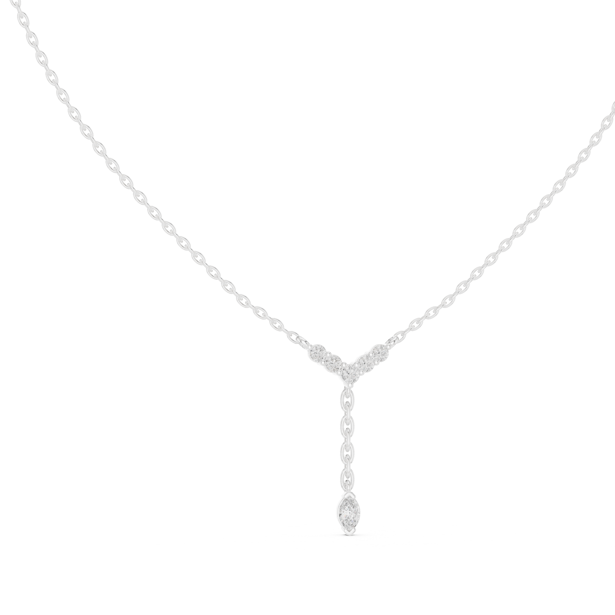 Chevron pave diamond lariat necklace with marquise solitaire drop pendant