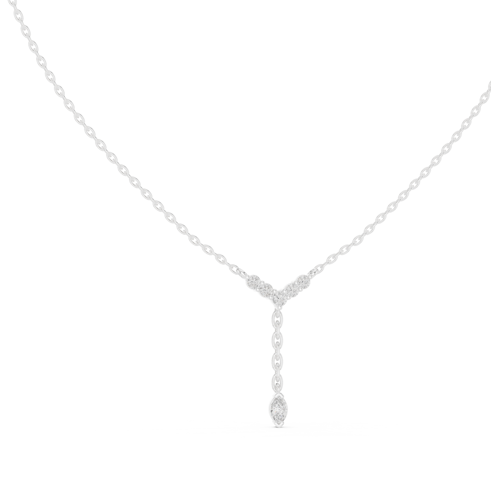 Chevron pave diamond lariat necklace with marquise solitaire drop pendant