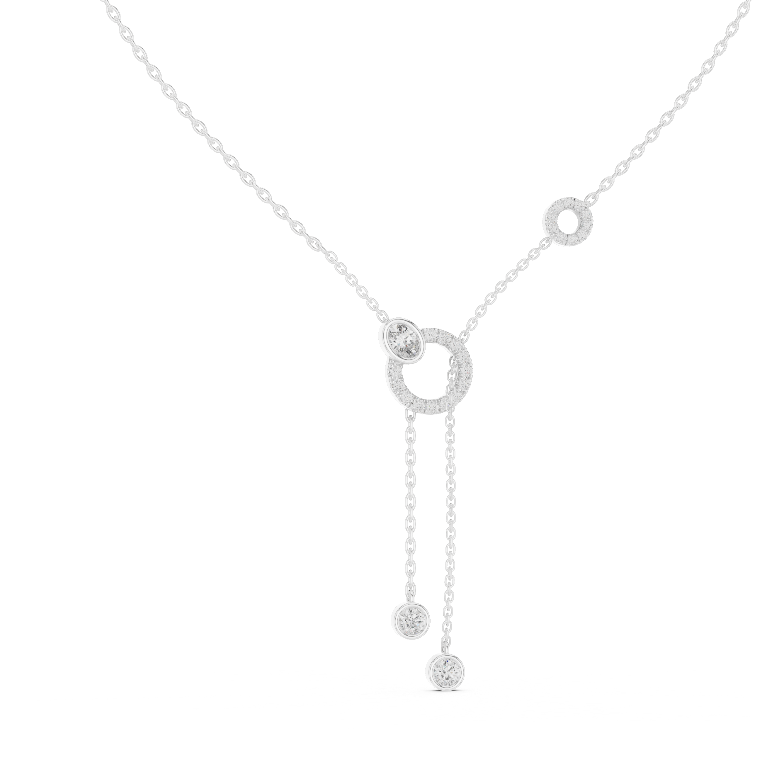 Circle lariat diamond necklace with dual bezel set solitaire drop chain