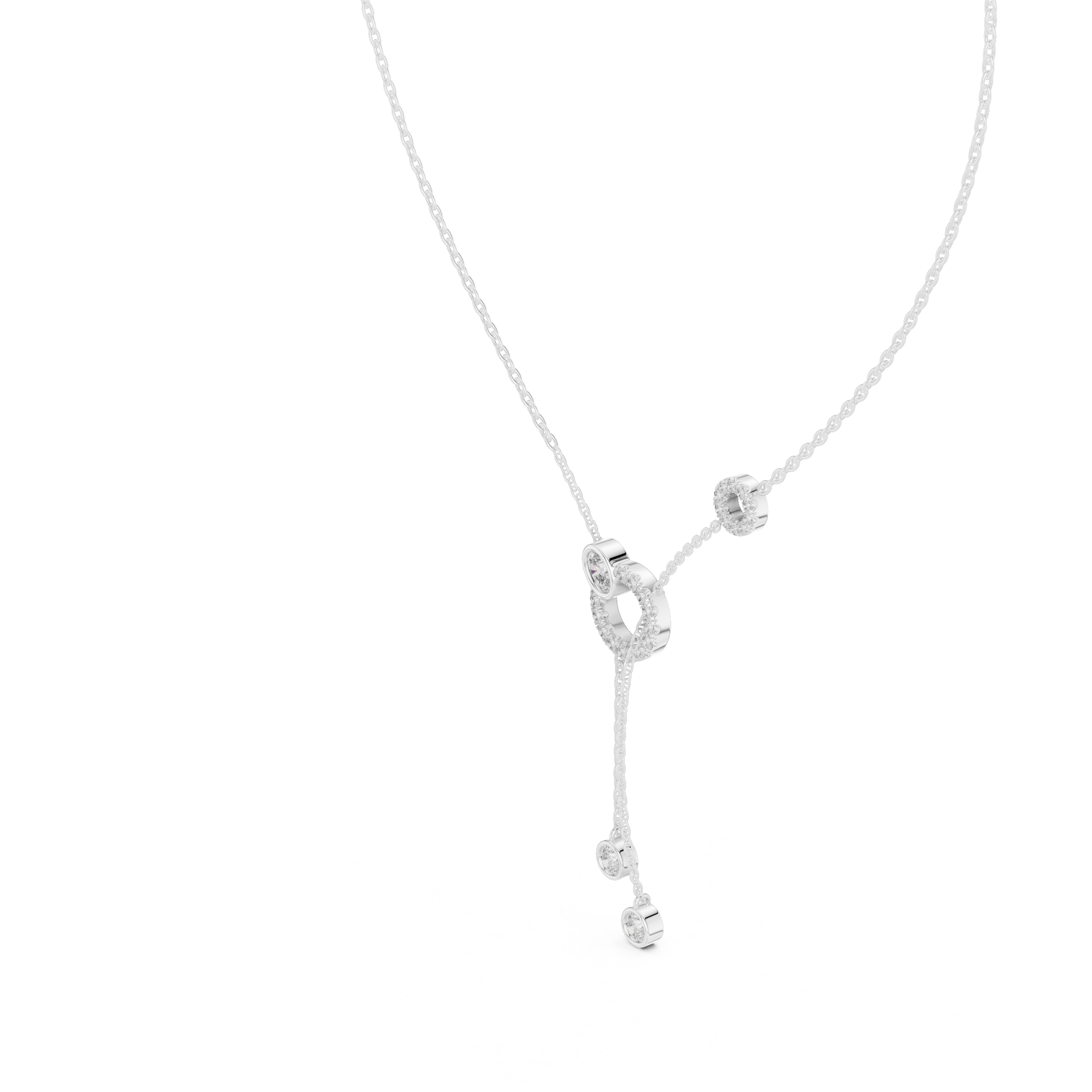 Circle lariat diamond necklace with dual bezel set solitaire drop chain