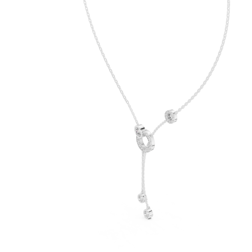 Circle lariat diamond necklace with dual bezel set solitaire drop chain