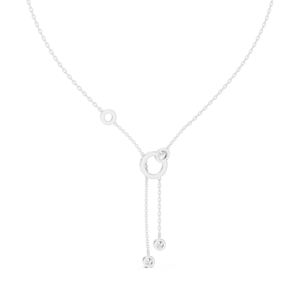 Circle lariat diamond necklace with dual bezel set solitaire drop chain