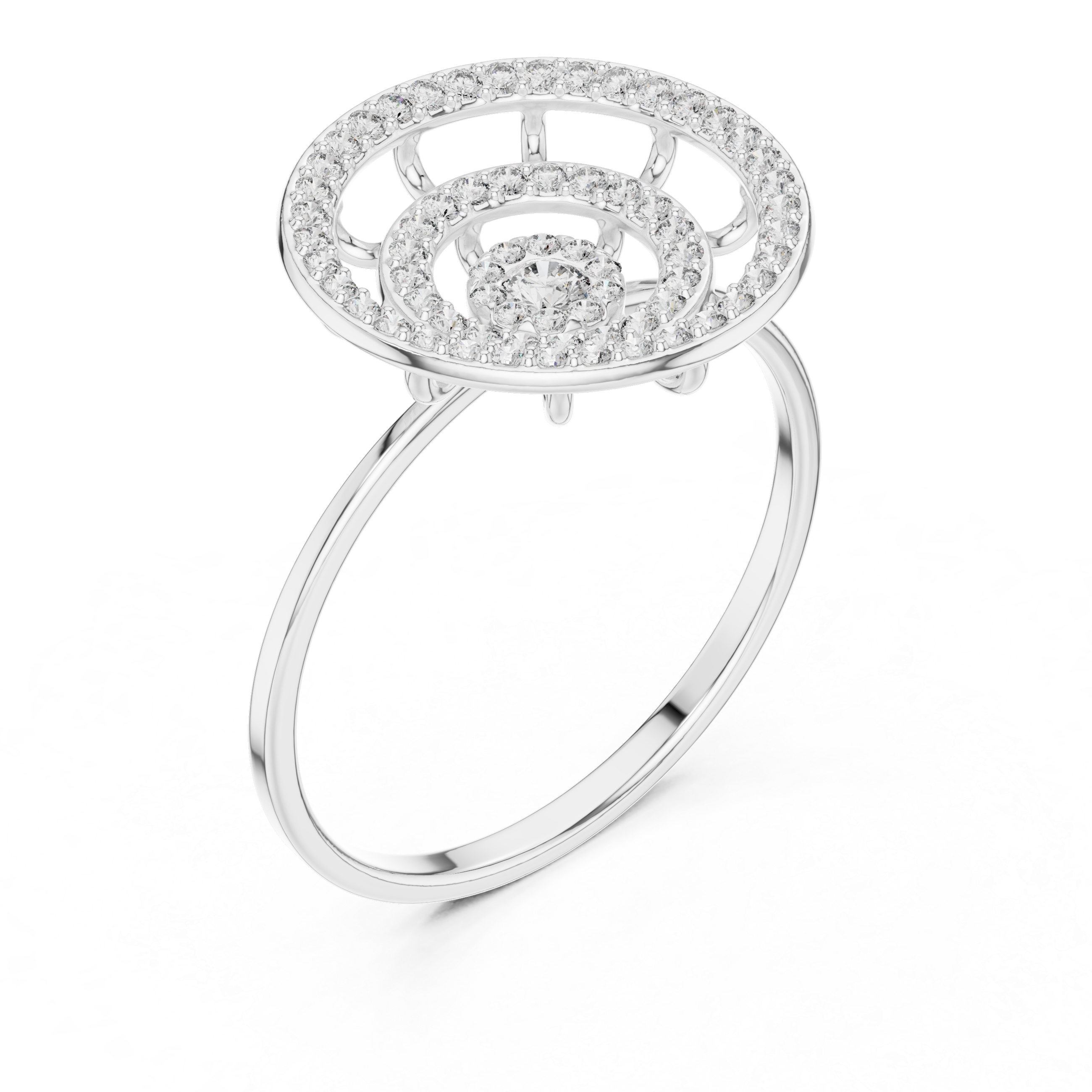 Round pave diamond cocktail ring with solitaire centre and halo setting