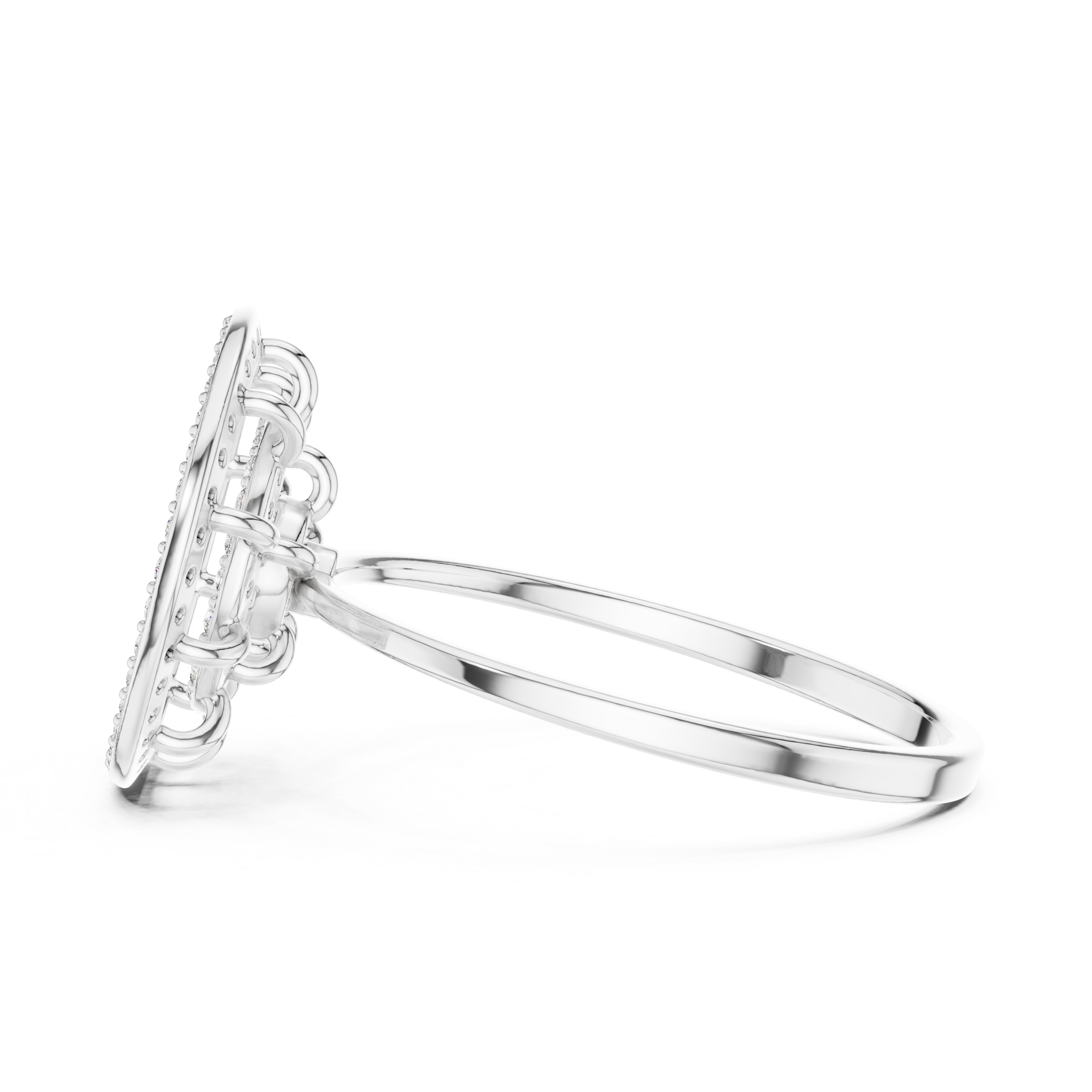 Round pave diamond cocktail ring with solitaire centre and halo setting