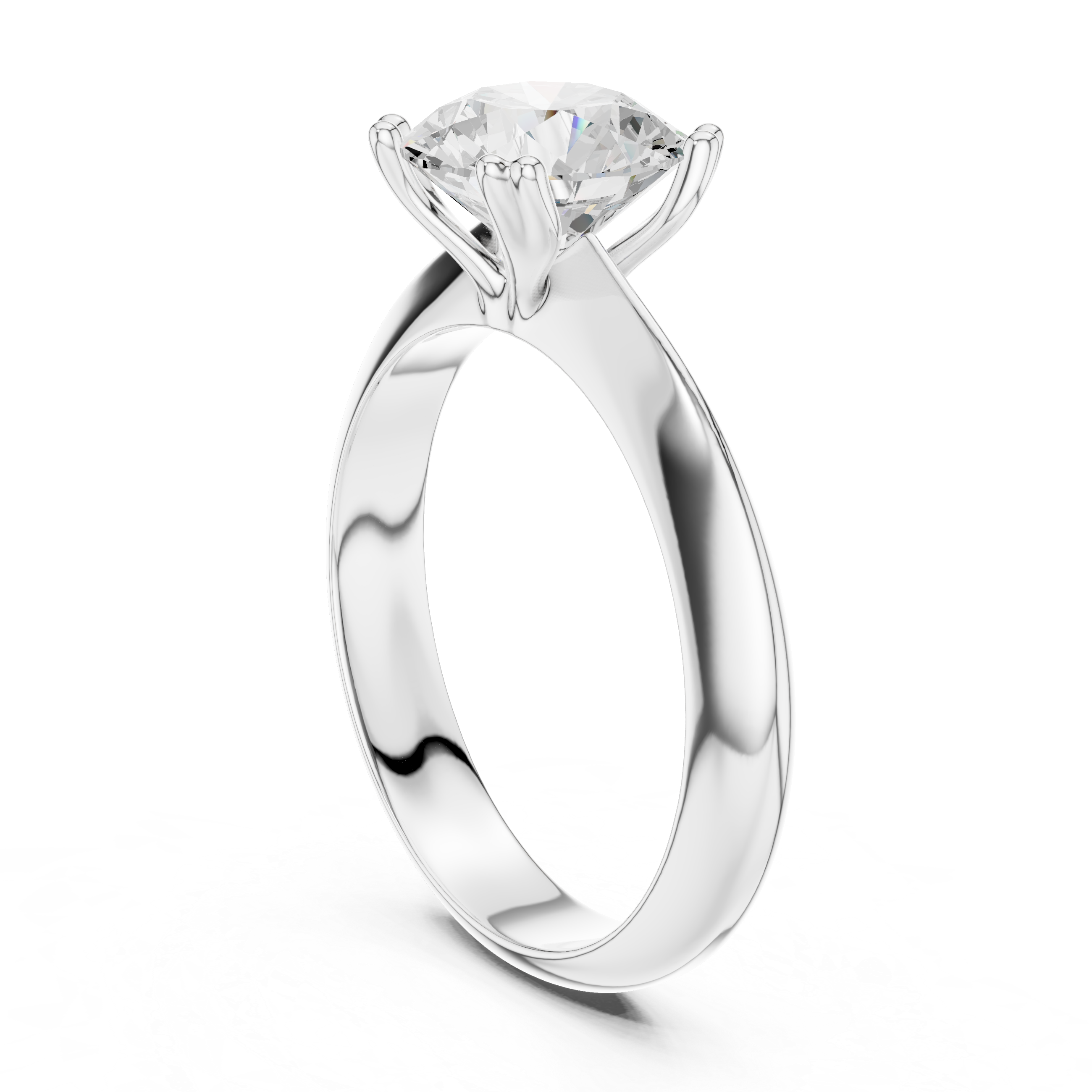 Classic round solitaire engagement ring with six prong cathedral setting and plain tapered band
