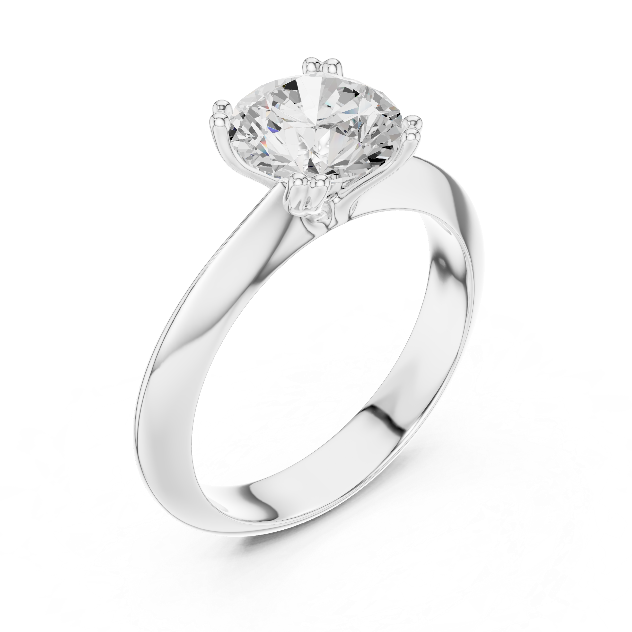 Classic round solitaire engagement ring with six prong cathedral setting and plain tapered band