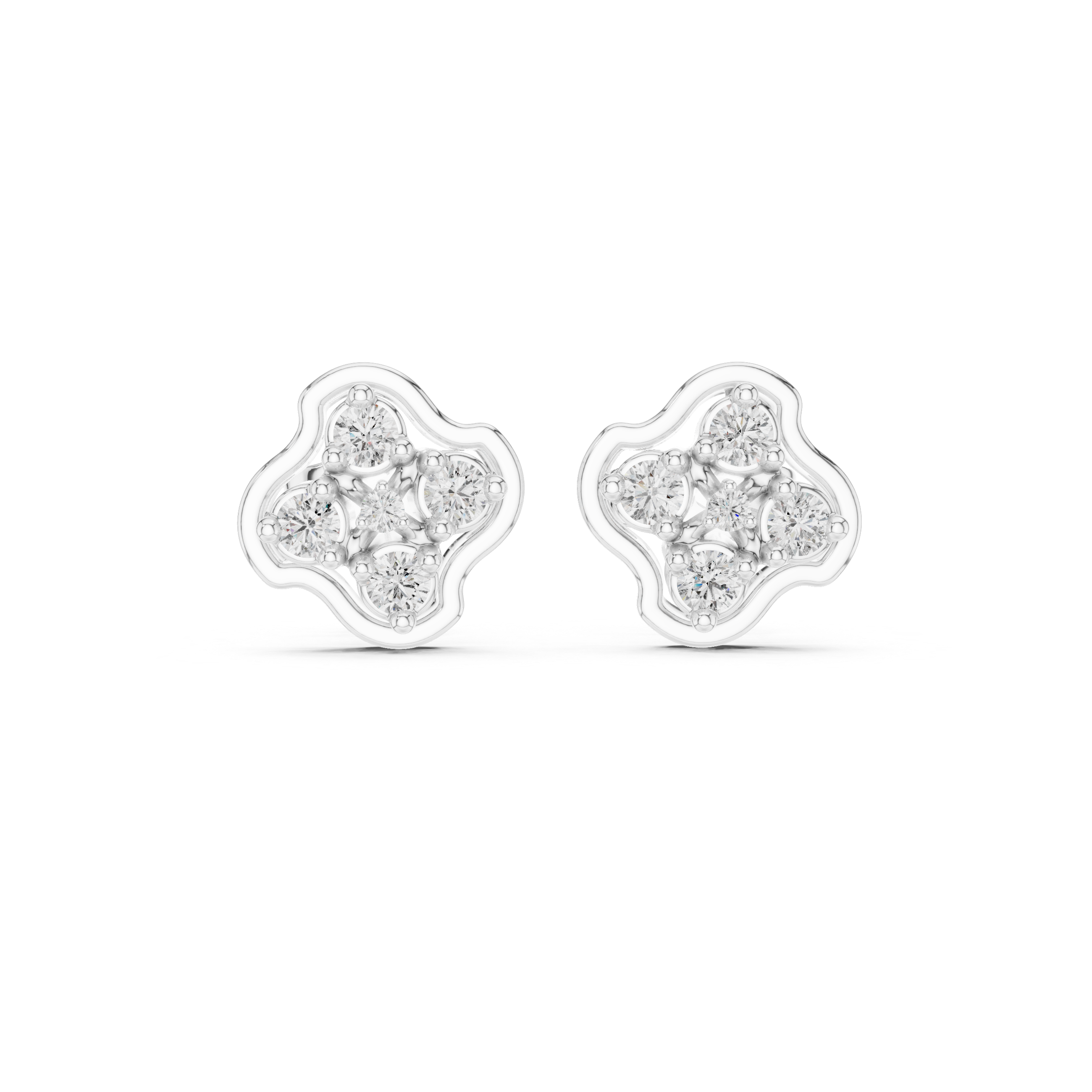 Clover cluster stud earrings with round stones inside a smooth four petal clover frame