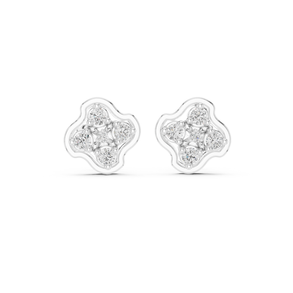 Clover cluster stud earrings with round stones inside a smooth four petal clover frame