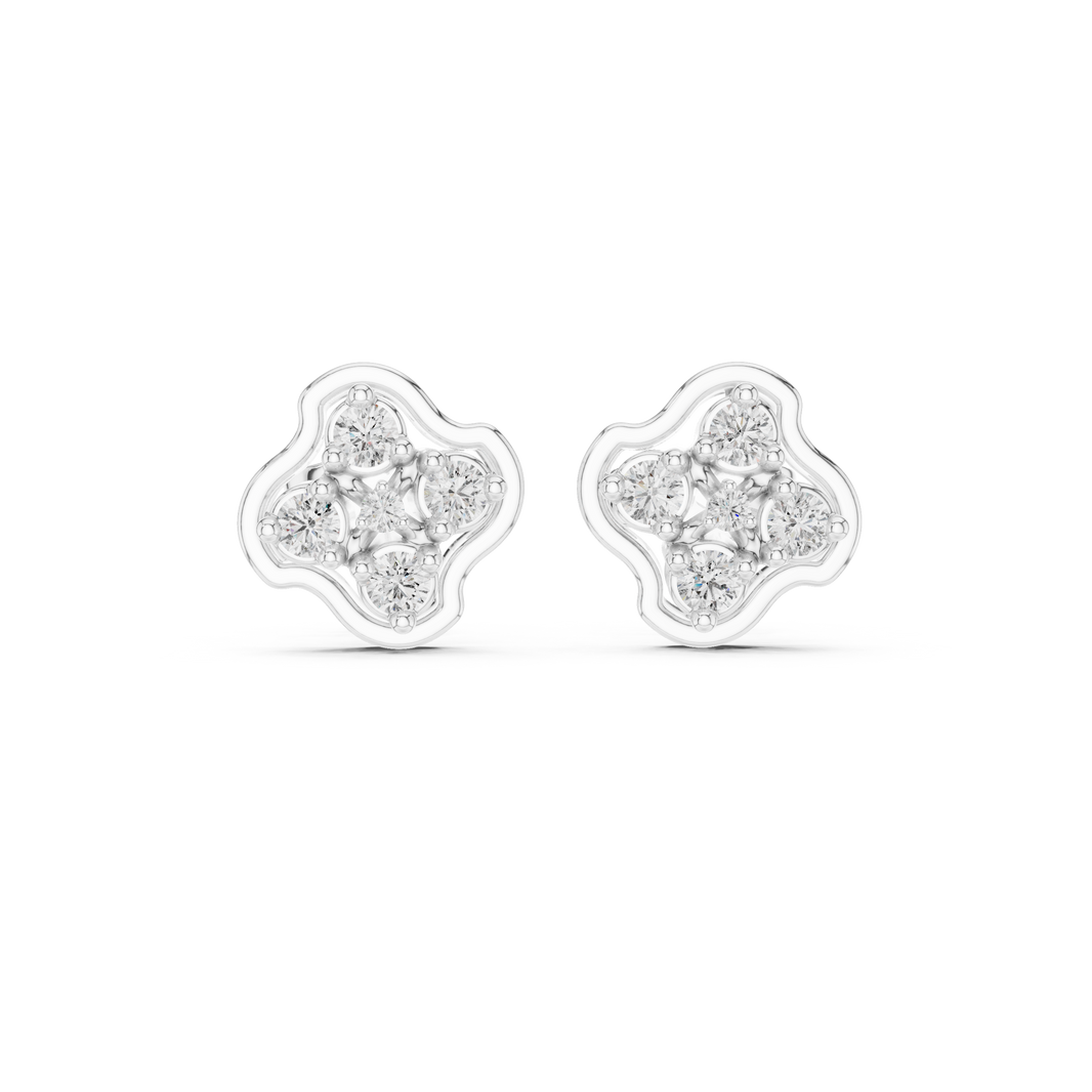 Clover cluster stud earrings with round stones inside a smooth four petal clover frame