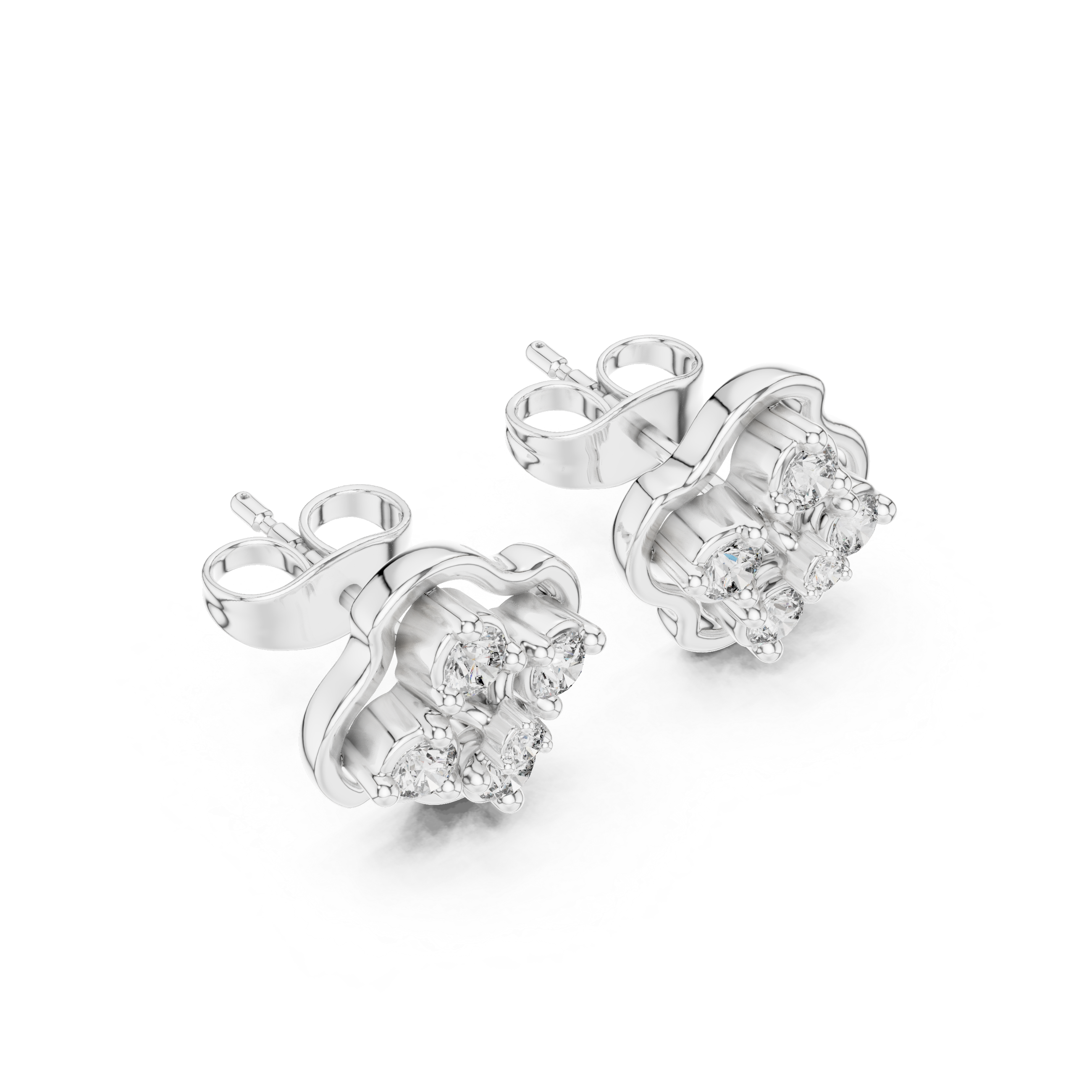 Clover cluster stud earrings with round stones inside a smooth four petal clover frame