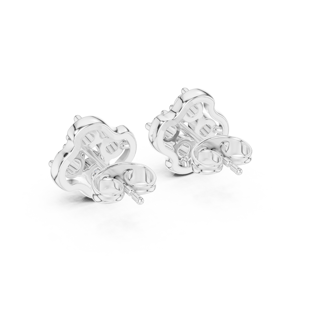 Clover cluster stud earrings with round stones inside a smooth four petal clover frame