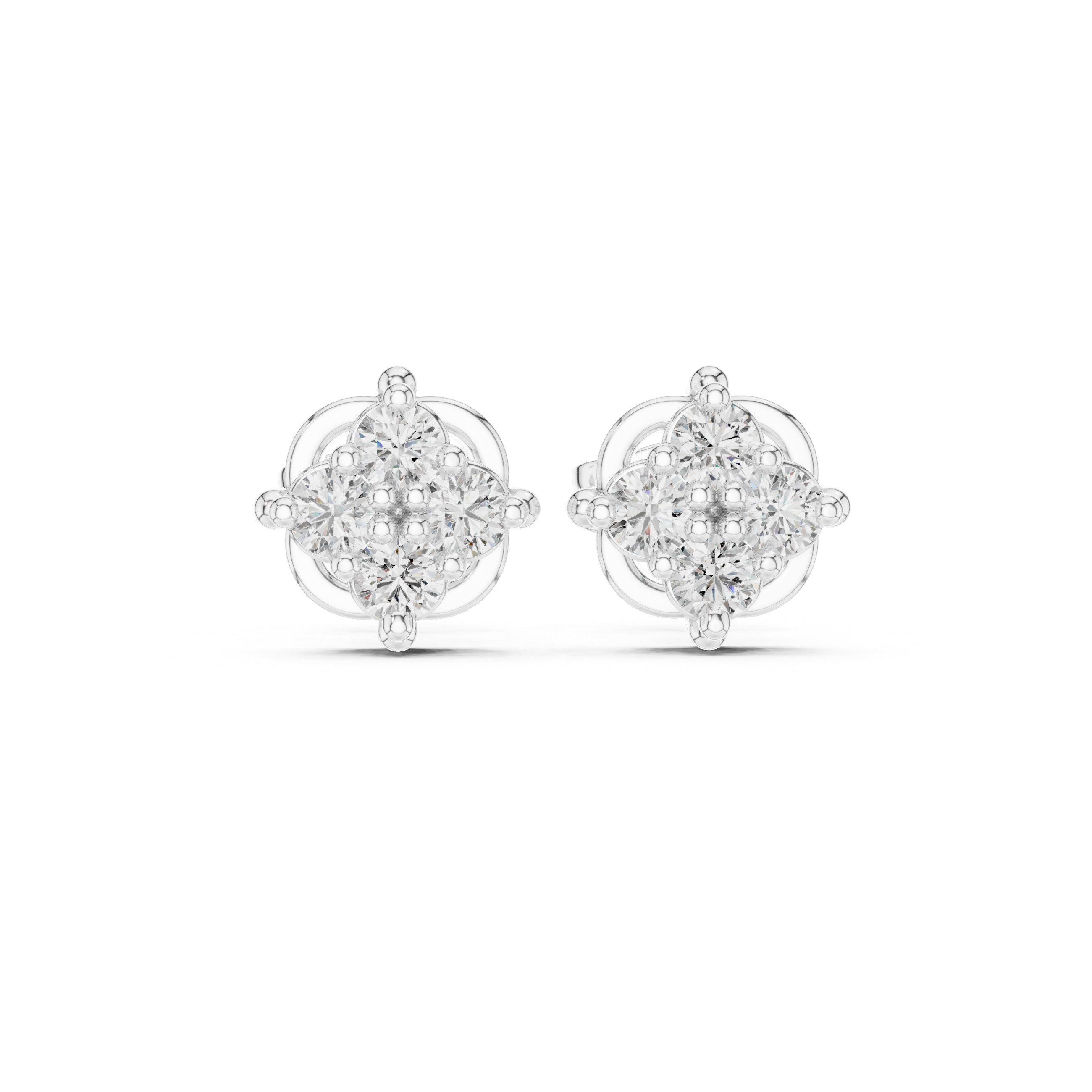 Compass rose cluster stud earrings with round stones in four point star pattern inside open circle frame