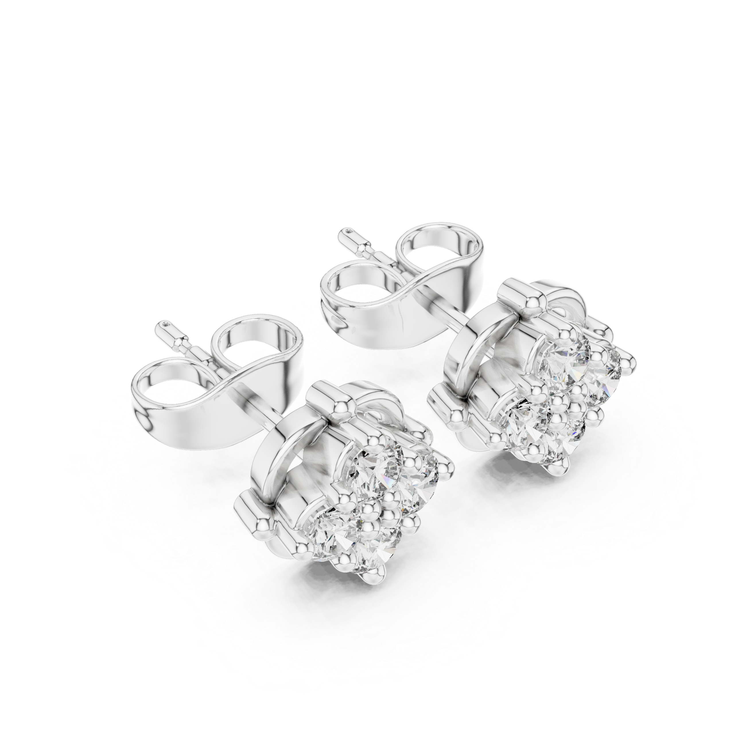 Compass rose cluster stud earrings with round stones in four point star pattern inside open circle frame