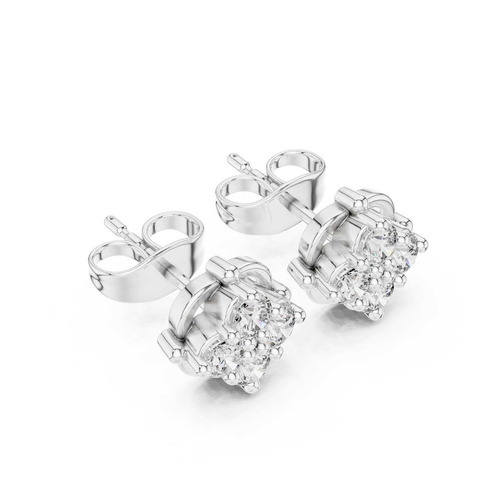 Compass rose cluster stud earrings with round stones in four point star pattern inside open circle frame