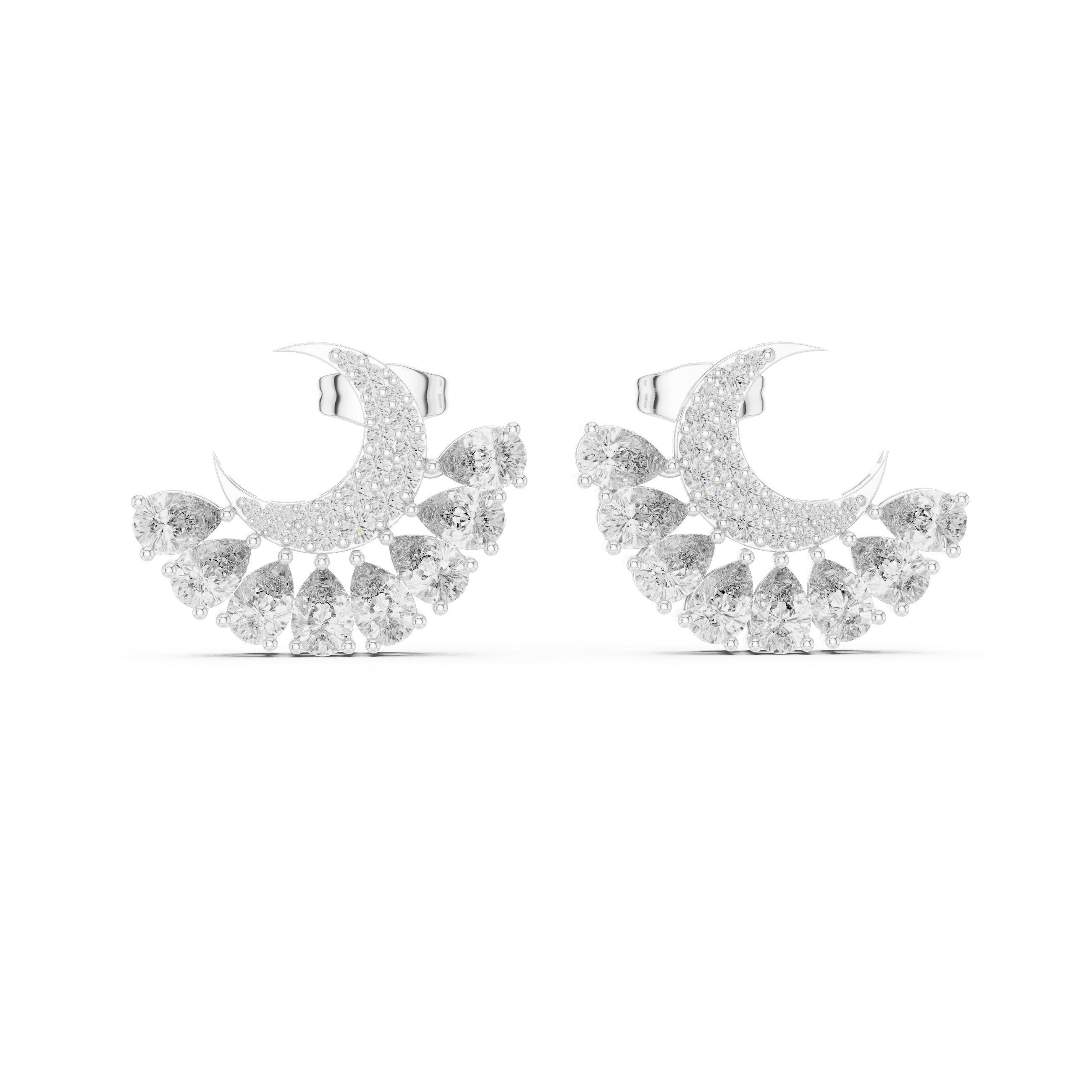 Crescent moon fan drop earrings with pave crescent top and cascading fan of alternating pear and round stones