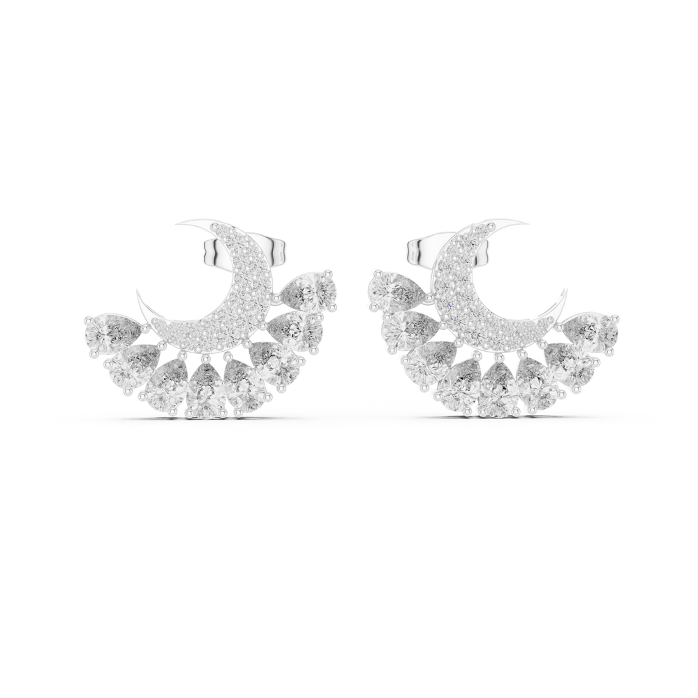 Crescent moon fan drop earrings with pave crescent top and cascading fan of alternating pear and round stones