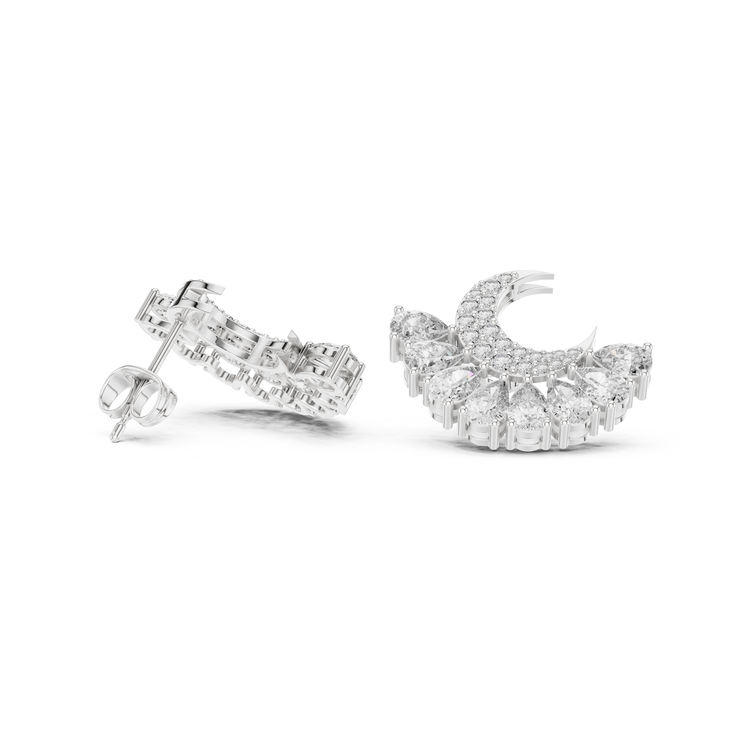 Crescent moon fan drop earrings with pave crescent top and cascading fan of alternating pear and round stones