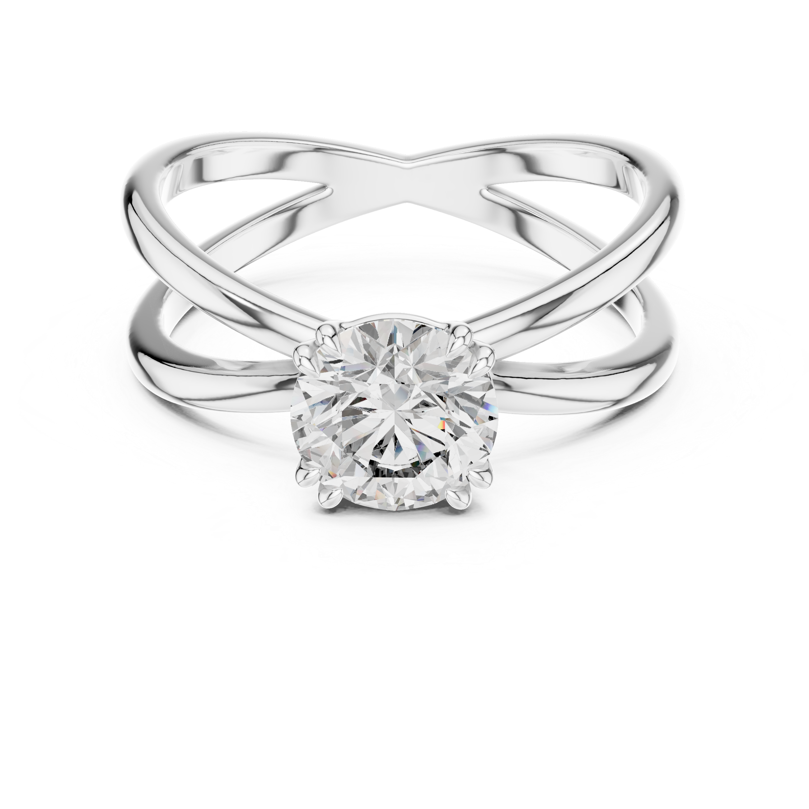 Criss cross split shank solitaire diamond engagement ring with round brilliant cut stone