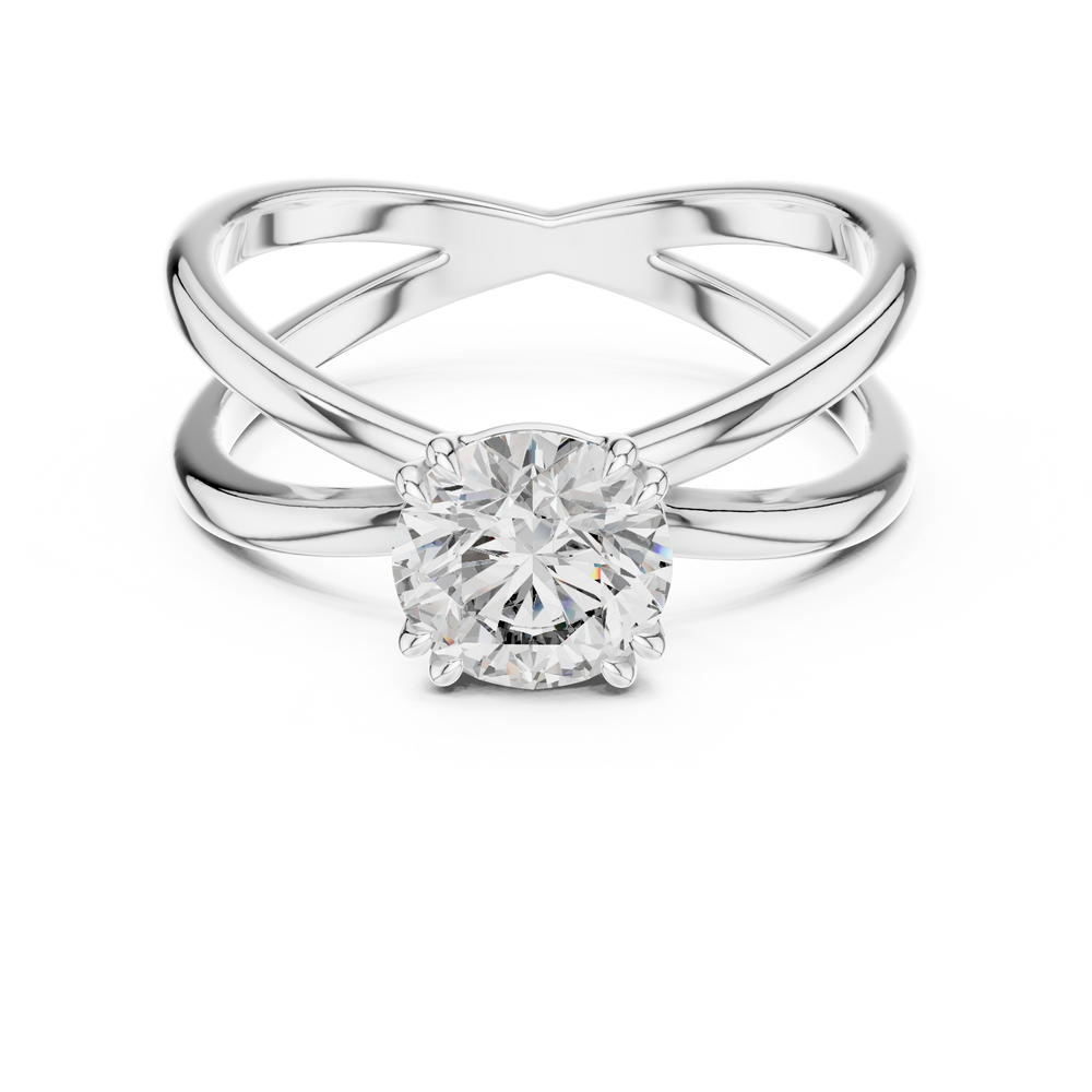 Criss cross split shank solitaire diamond engagement ring with round brilliant cut stone