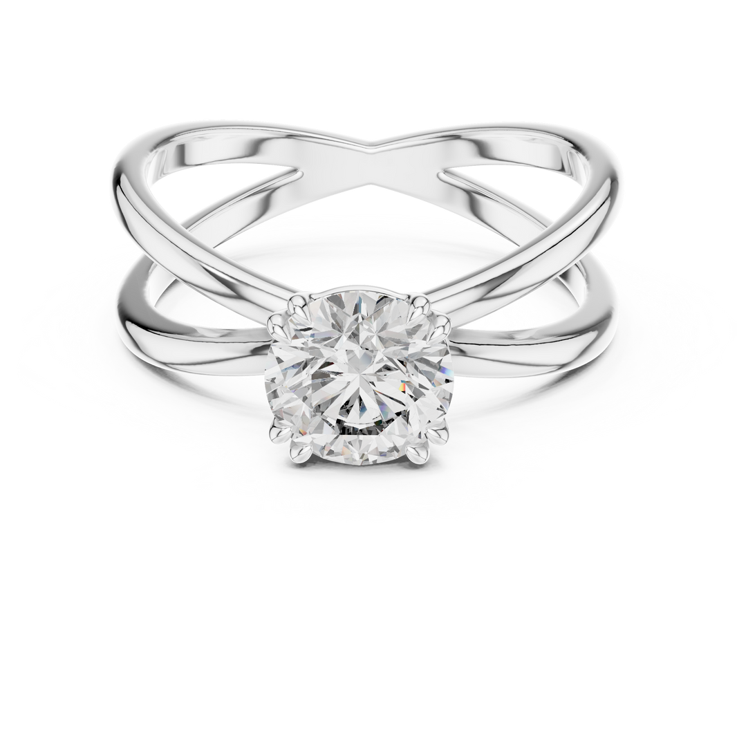 Criss cross split shank solitaire diamond engagement ring with round brilliant cut stone