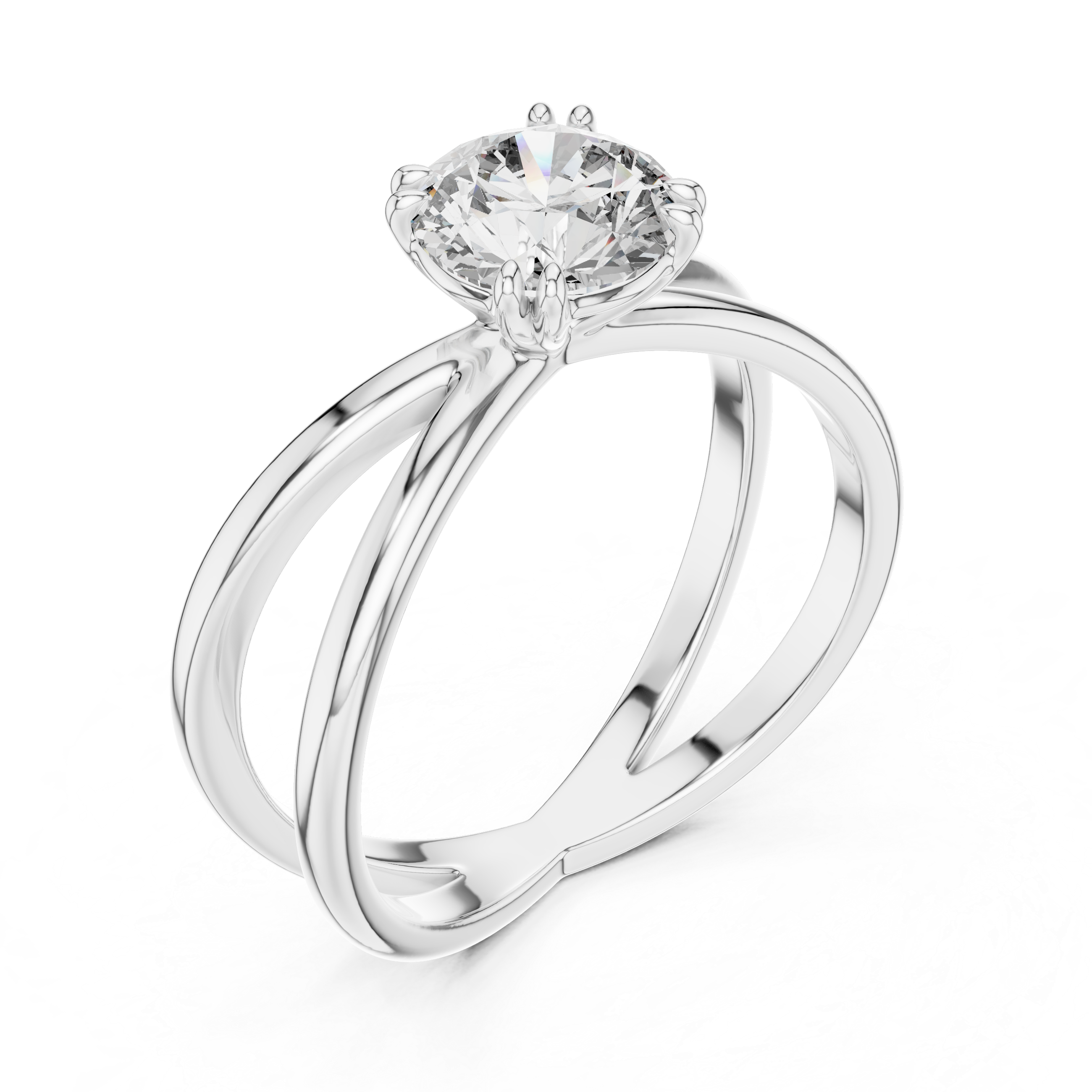 Criss cross split shank solitaire diamond engagement ring with round brilliant cut stone