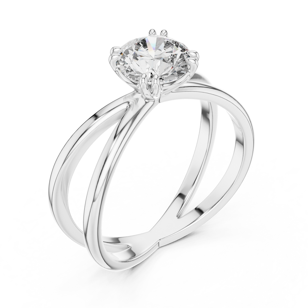 Criss cross split shank solitaire diamond engagement ring with round brilliant cut stone