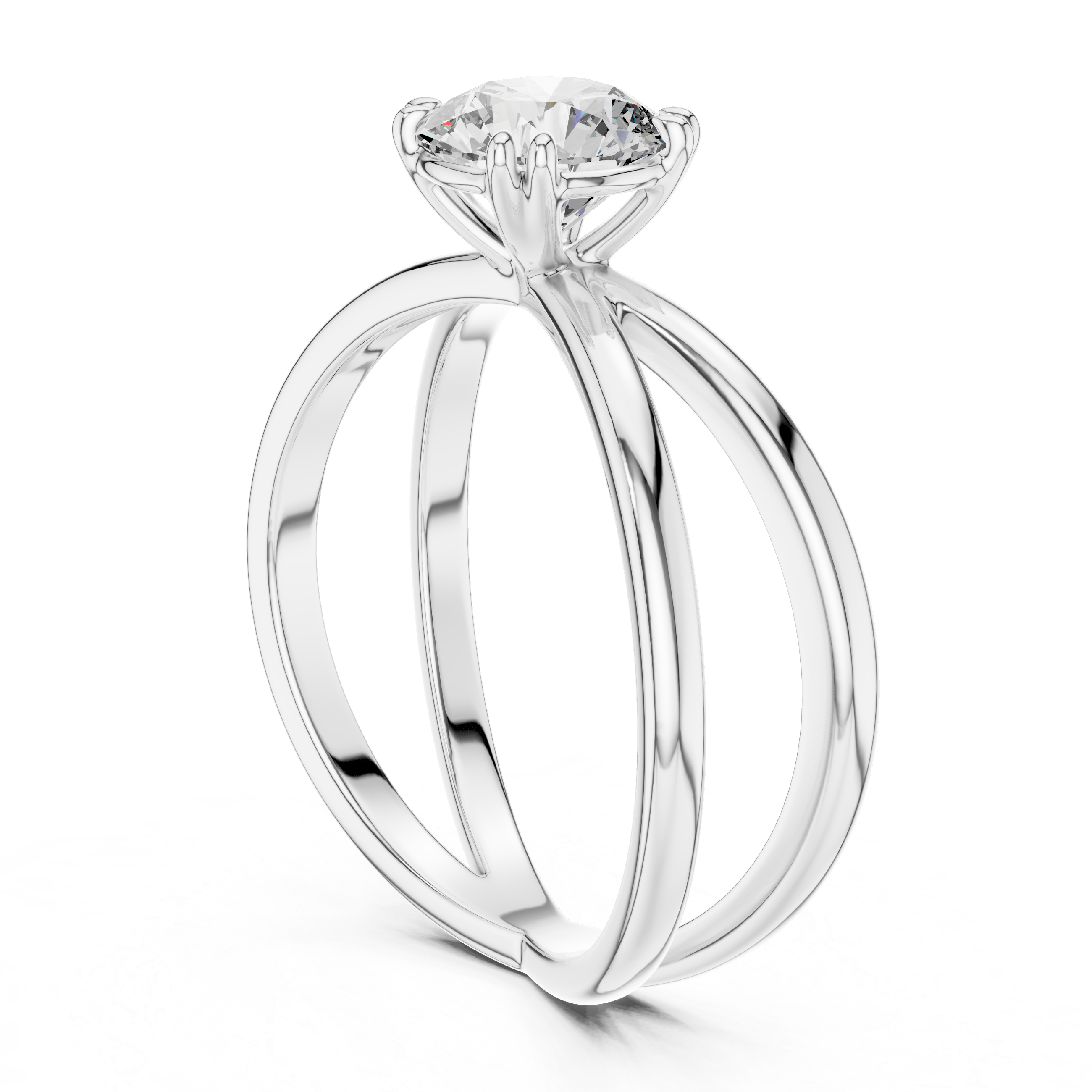 Criss cross split shank solitaire diamond engagement ring with round brilliant cut stone