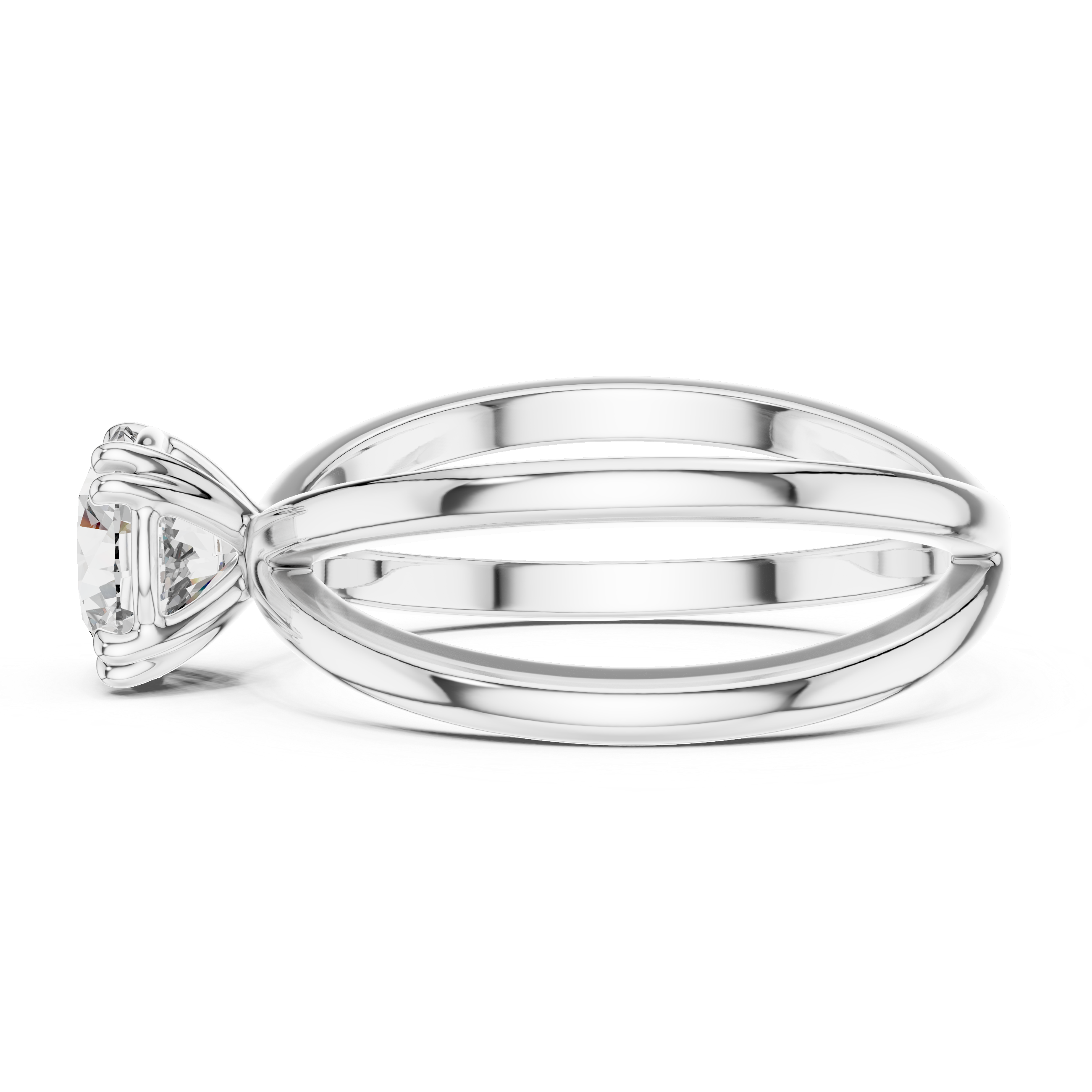 Criss cross split shank solitaire diamond engagement ring with round brilliant cut stone