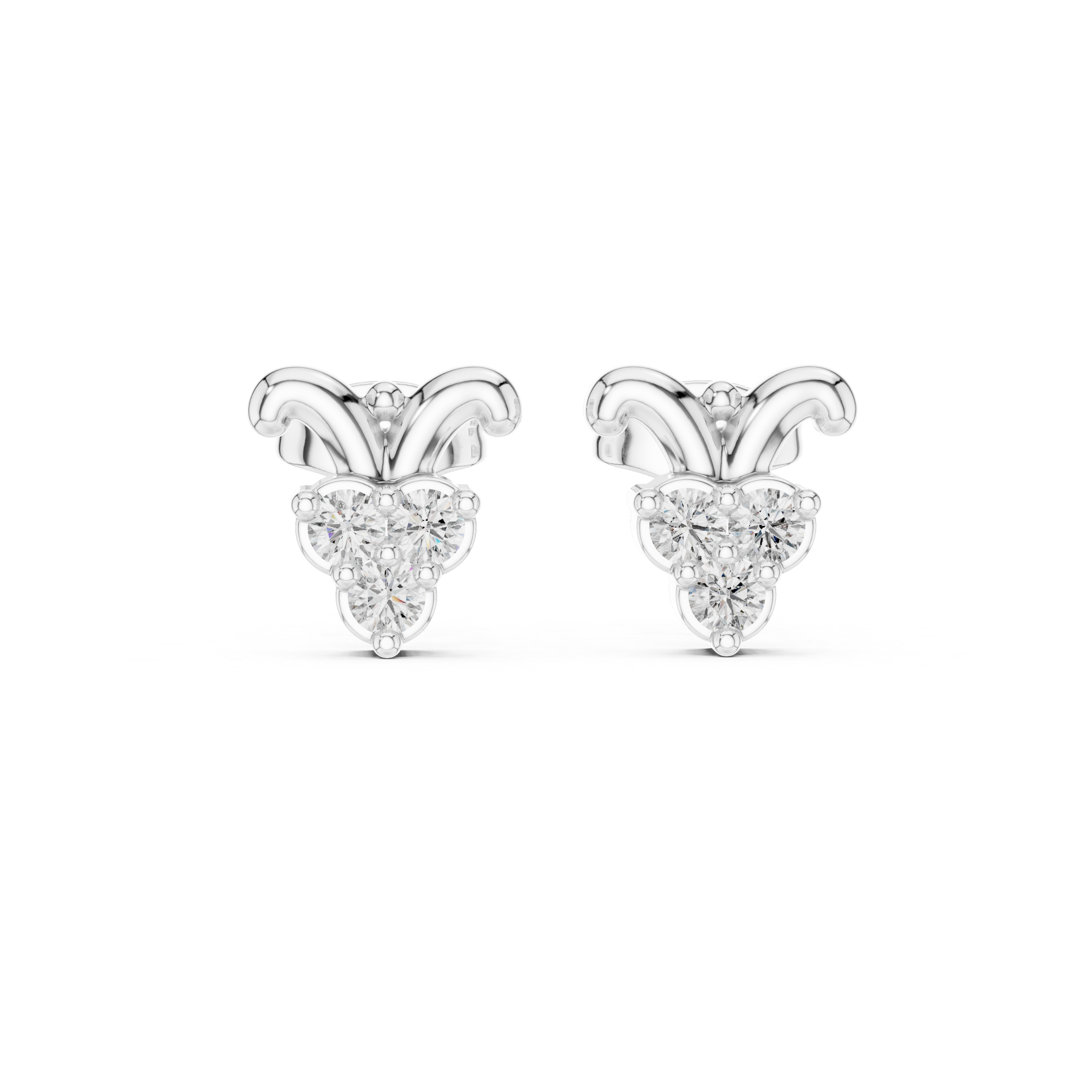Crown leaf trio stone stud earrings with smooth curved crown leaf top and three prong set round stones in triangular cluster