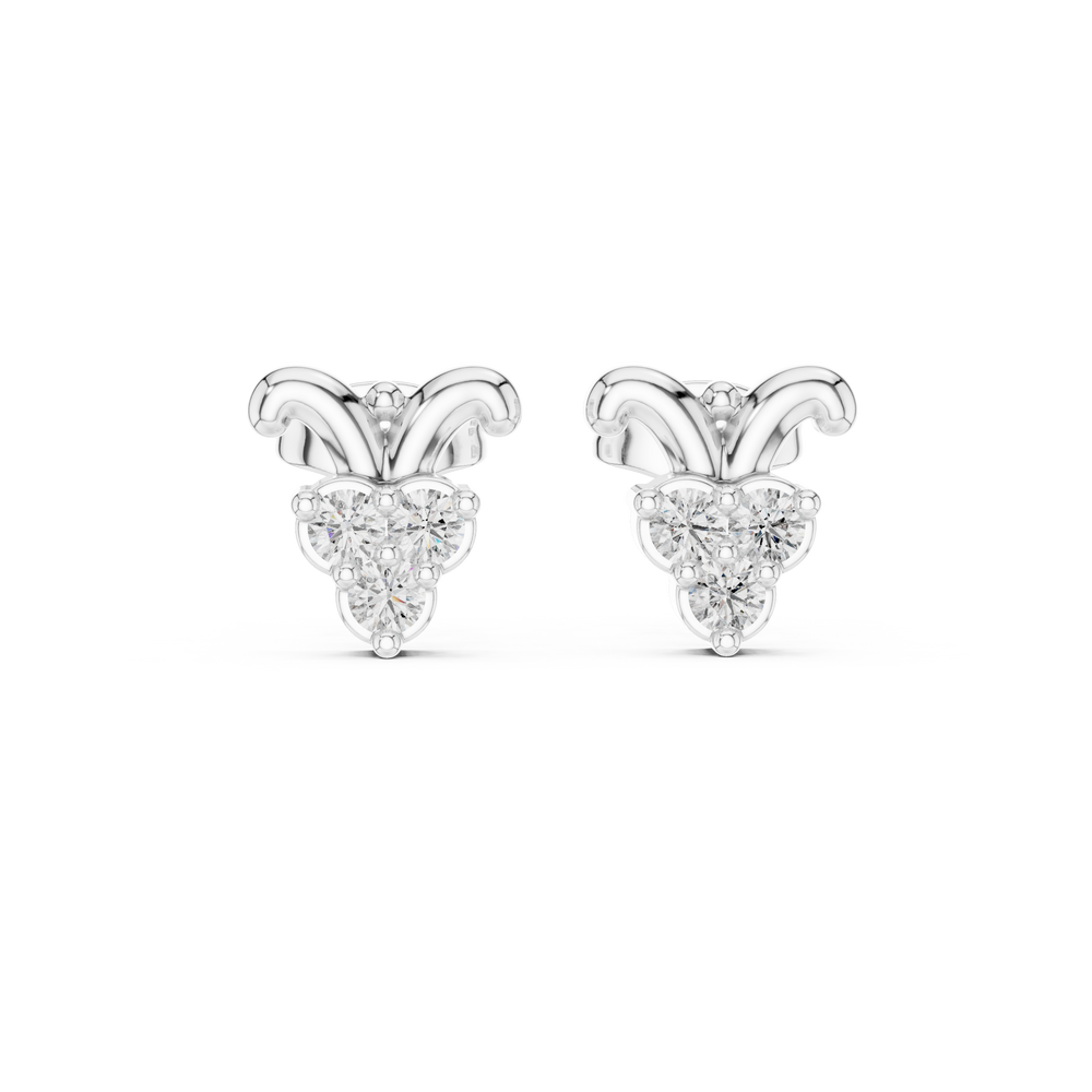 Crown leaf trio stone stud earrings with smooth curved crown leaf top and three prong set round stones in triangular cluster