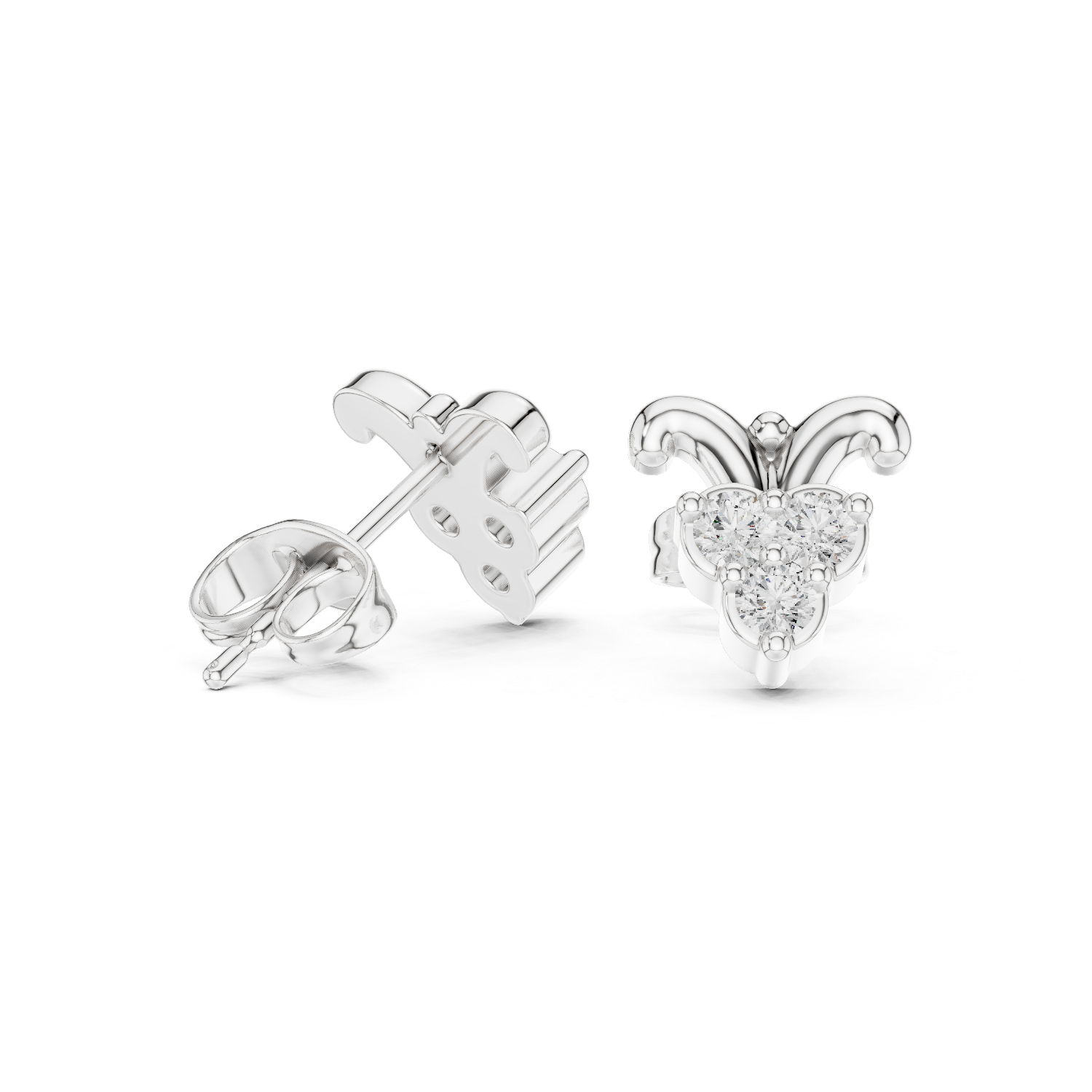 Crown leaf trio stone stud earrings with smooth curved crown leaf top and three prong set round stones in triangular cluster