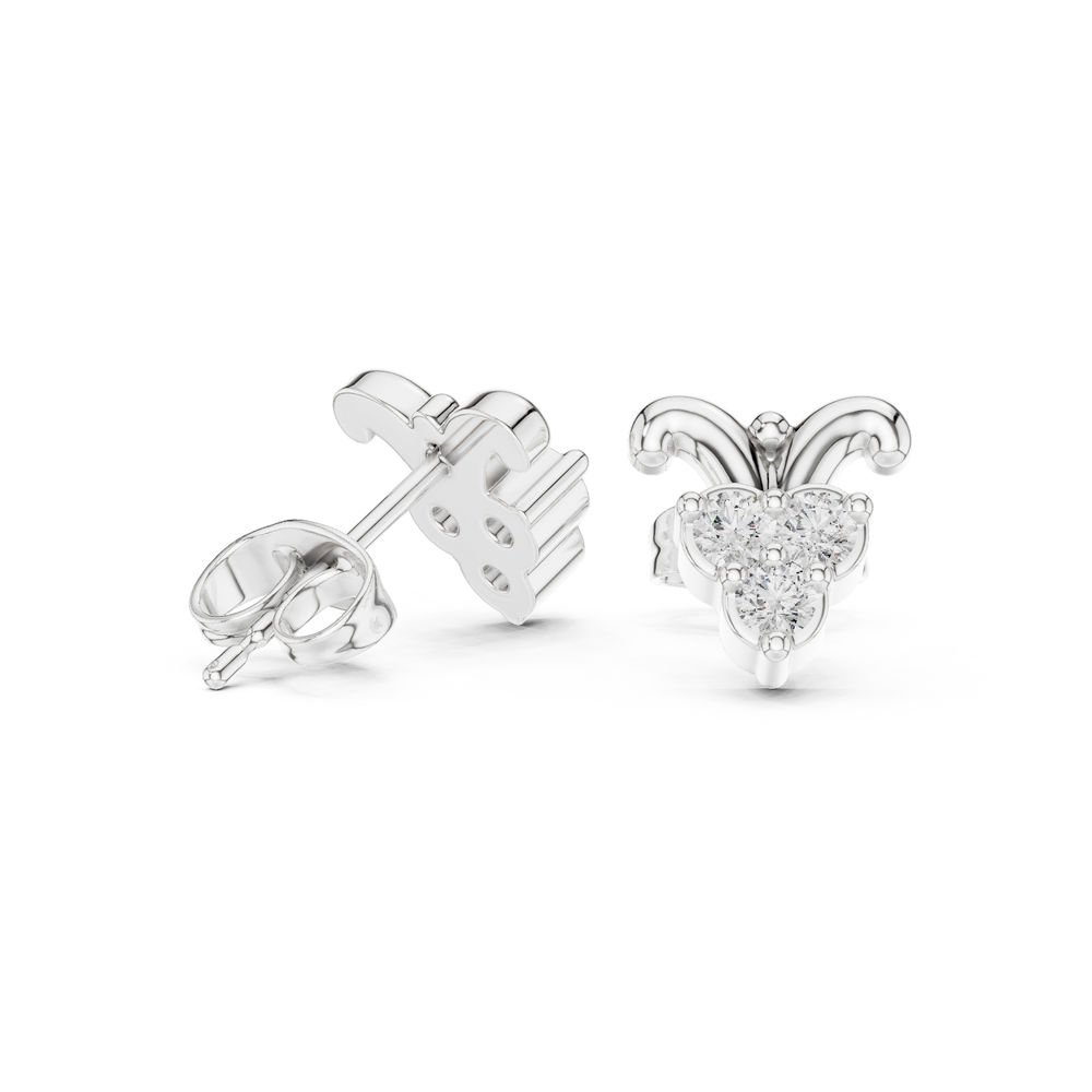 Crown leaf trio stone stud earrings with smooth curved crown leaf top and three prong set round stones in triangular cluster